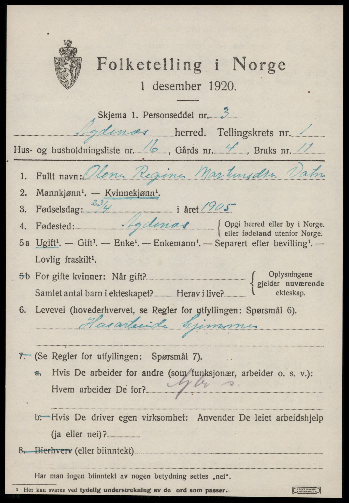 SAT, 1920 census for Agdenes, 1920, p. 689