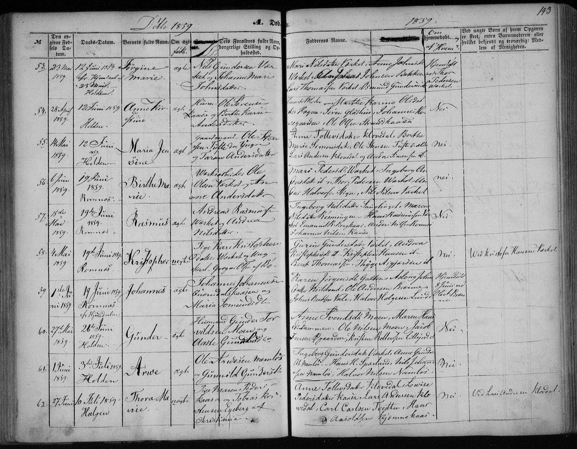 Holla kirkebøker, AV/SAKO-A-272/F/Fa/L0005: Parish register (official) no. 5, 1849-1860, p. 143