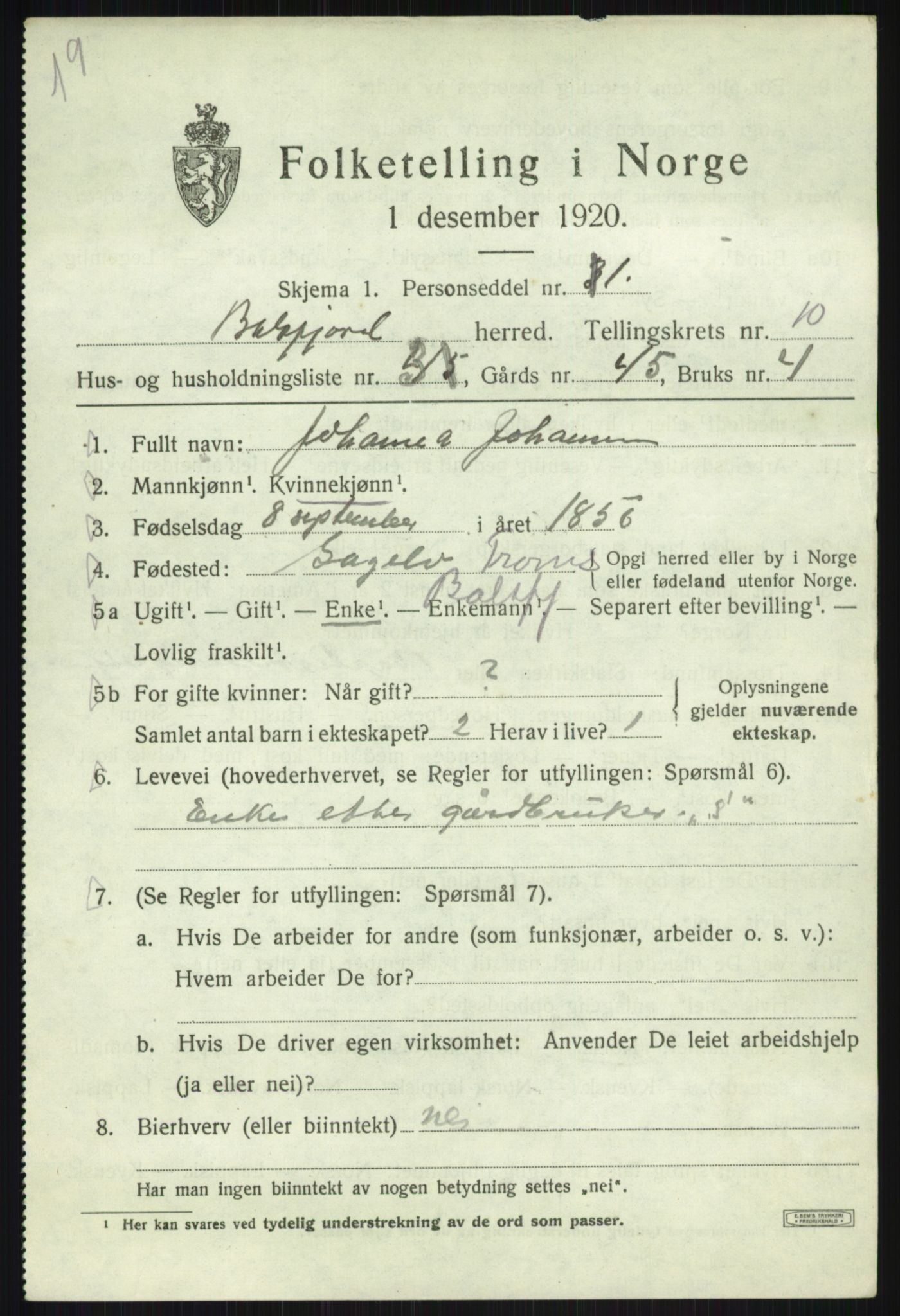 SATØ, 1920 census for Balsfjord, 1920, p. 5885