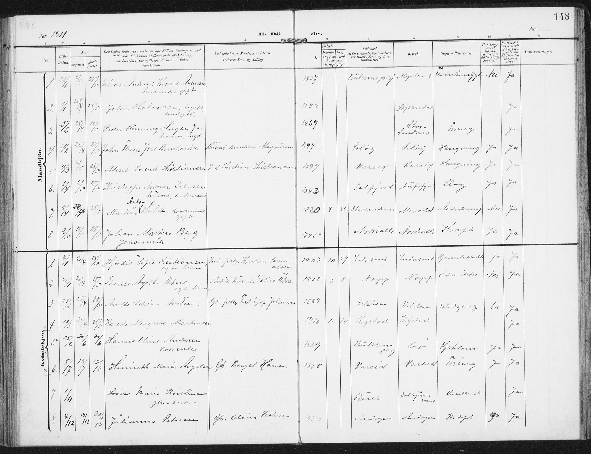 Ministerialprotokoller, klokkerbøker og fødselsregistre - Nordland, SAT/A-1459/885/L1206: Parish register (official) no. 885A07, 1905-1915, p. 148