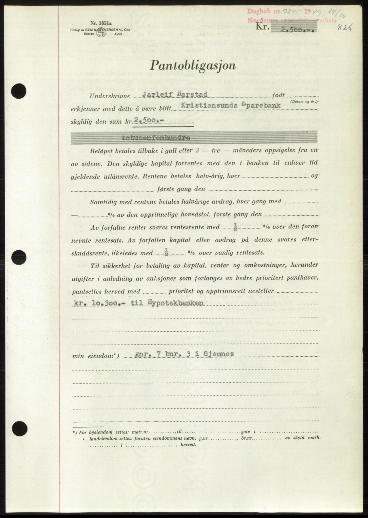 Nordmøre sorenskriveri, AV/SAT-A-4132/1/2/2Ca: Mortgage book no. B102, 1949-1949, Diary no: : 2845/1949