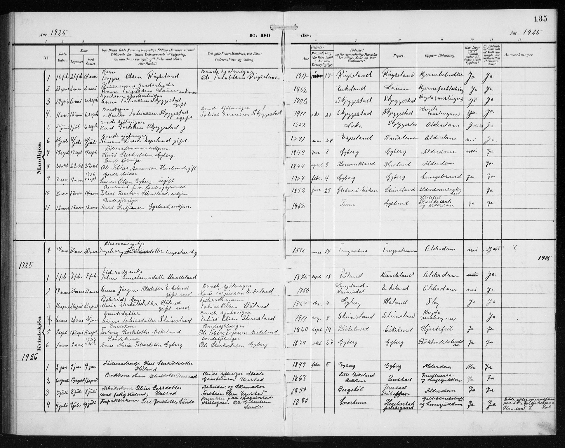 Hægebostad sokneprestkontor, AV/SAK-1111-0024/F/Fb/Fba/L0005: Parish register (copy) no. B 5, 1907-1931, p. 135