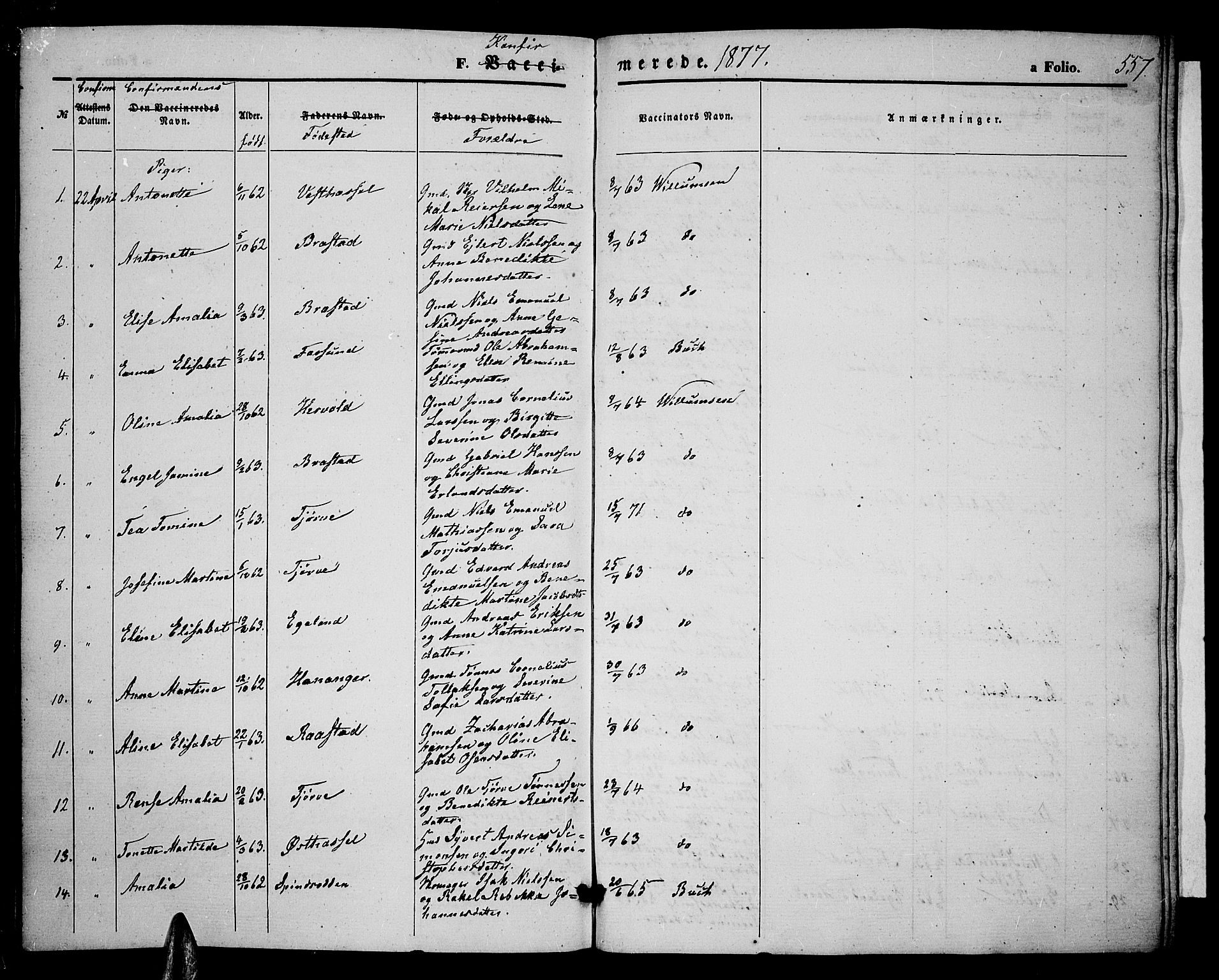 Lista sokneprestkontor, SAK/1111-0027/F/Fb/L0003: Parish register (copy) no. B 3, 1862-1877, p. 557