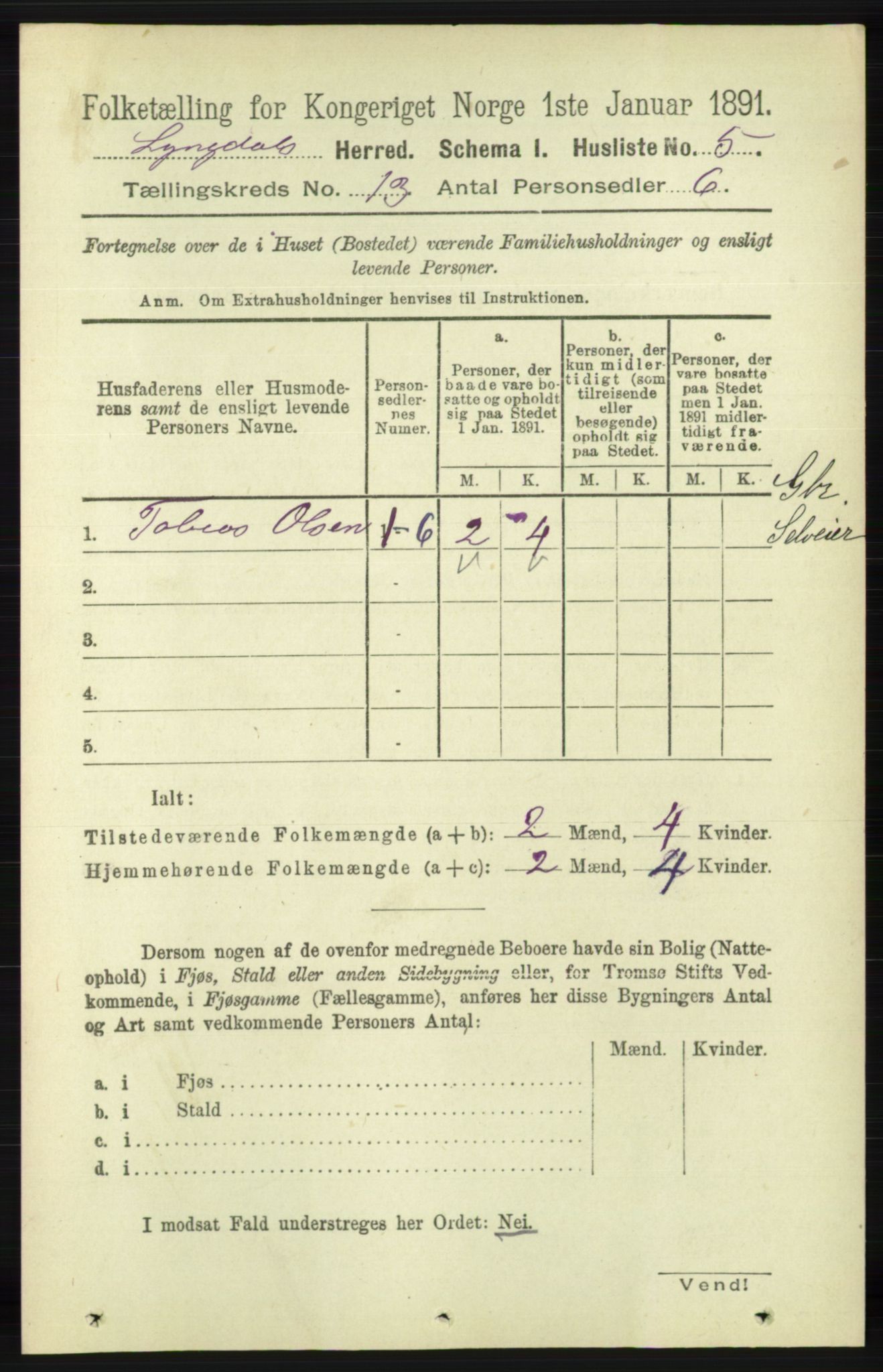 RA, 1891 census for 1032 Lyngdal, 1891, p. 5563