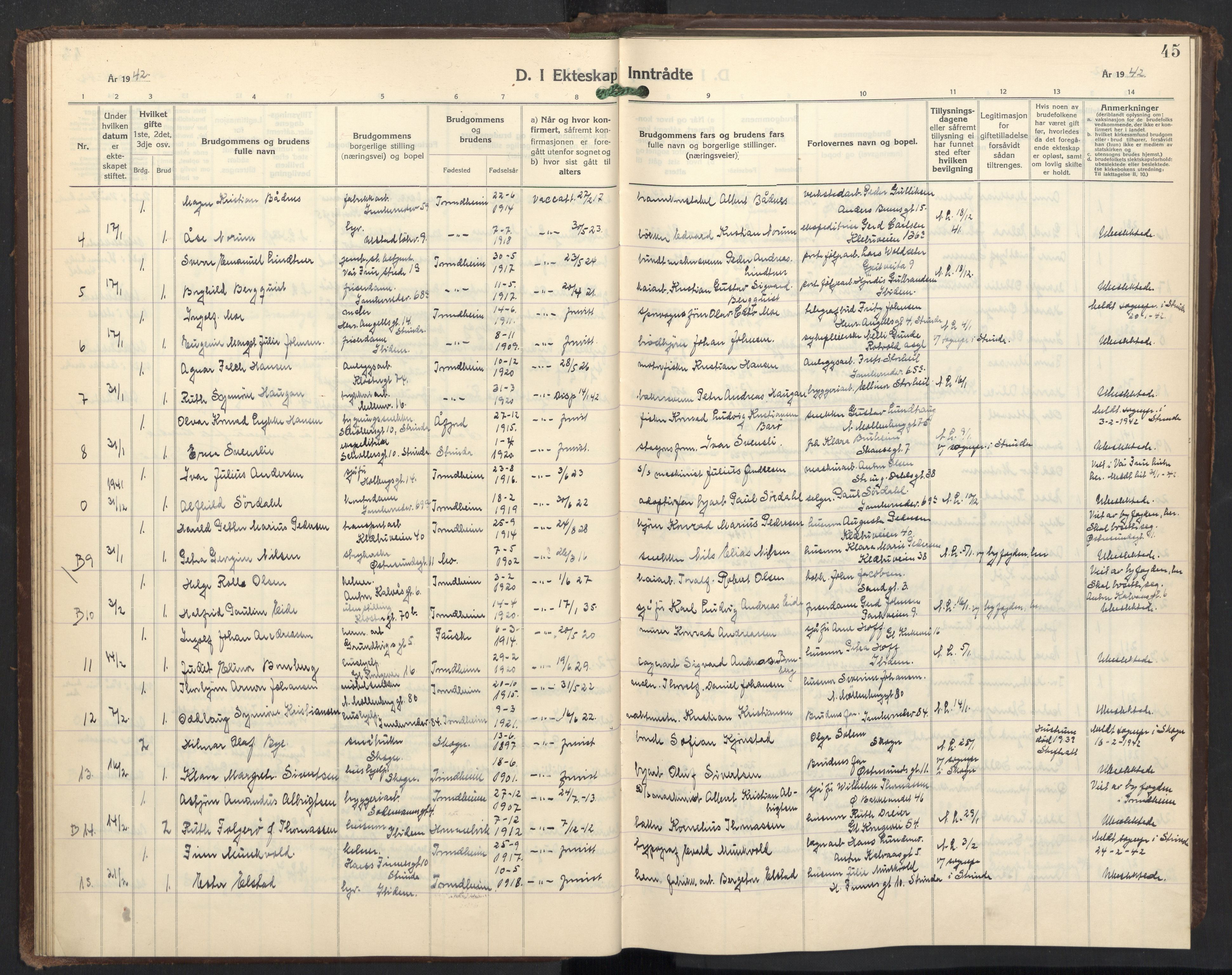 Ministerialprotokoller, klokkerbøker og fødselsregistre - Sør-Trøndelag, AV/SAT-A-1456/605/L0263: Parish register (copy) no. 605C10, 1938-1949, p. 45