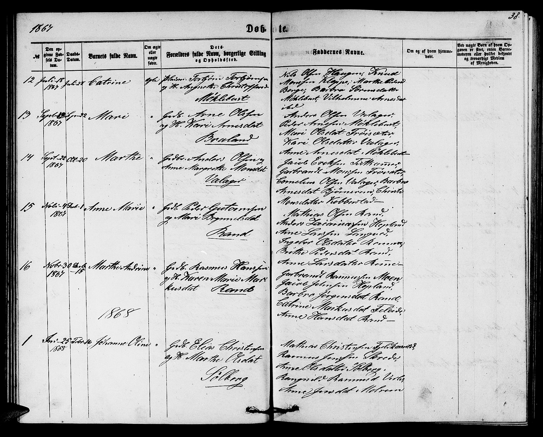 Innvik sokneprestembete, AV/SAB-A-80501: Parish register (copy) no. C 2, 1864-1882, p. 38