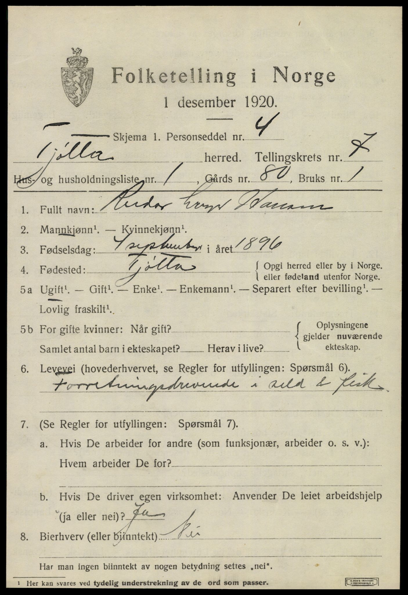 SAT, 1920 census for Tjøtta, 1920, p. 2855