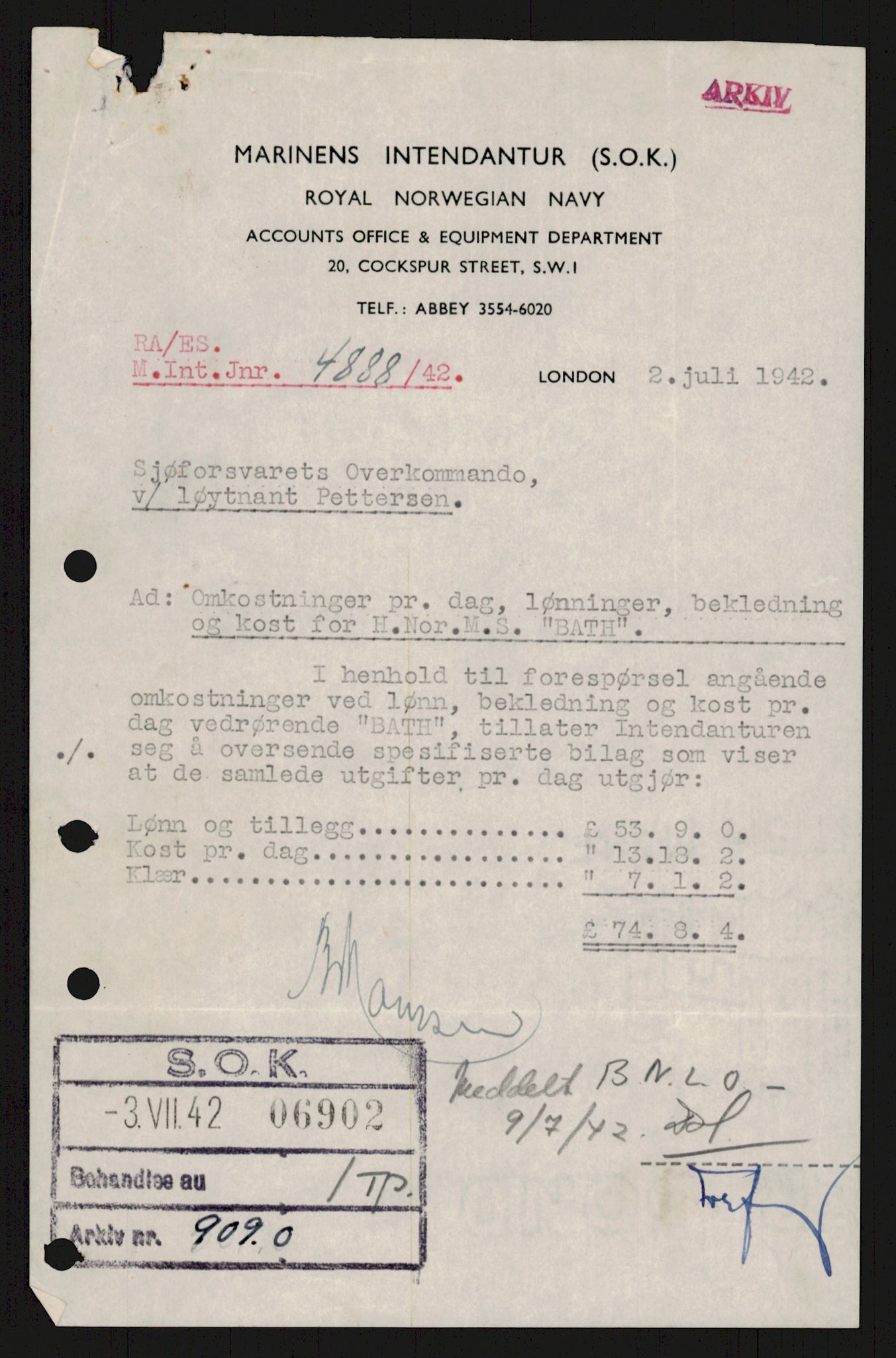 Forsvaret, Sjøforsvarets overkommando, AV/RA-RAFA-2035/D/Dc/L0305: --, 1940-1946, p. 860