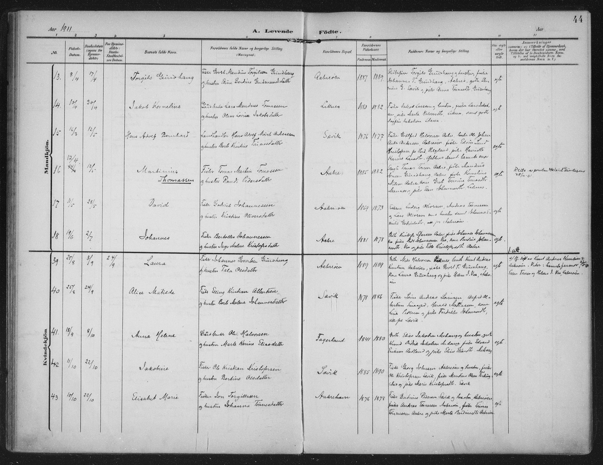 Kopervik sokneprestkontor, AV/SAST-A-101850/H/Ha/Haa/L0005: Parish register (official) no. A 5, 1906-1924, p. 44