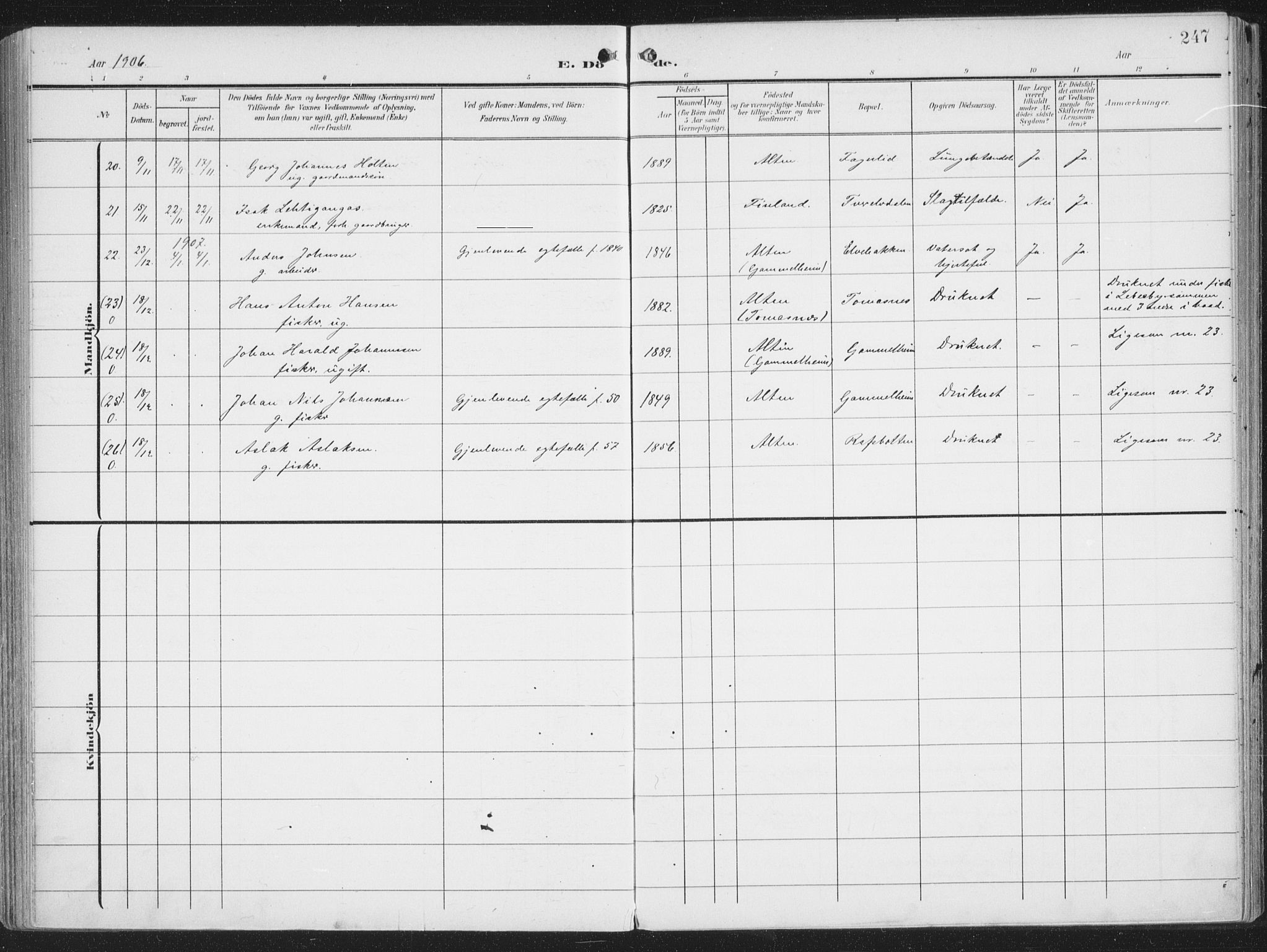 Alta sokneprestkontor, AV/SATØ-S-1338/H/Ha/L0005.kirke: Parish register (official) no. 5, 1904-1918, p. 247