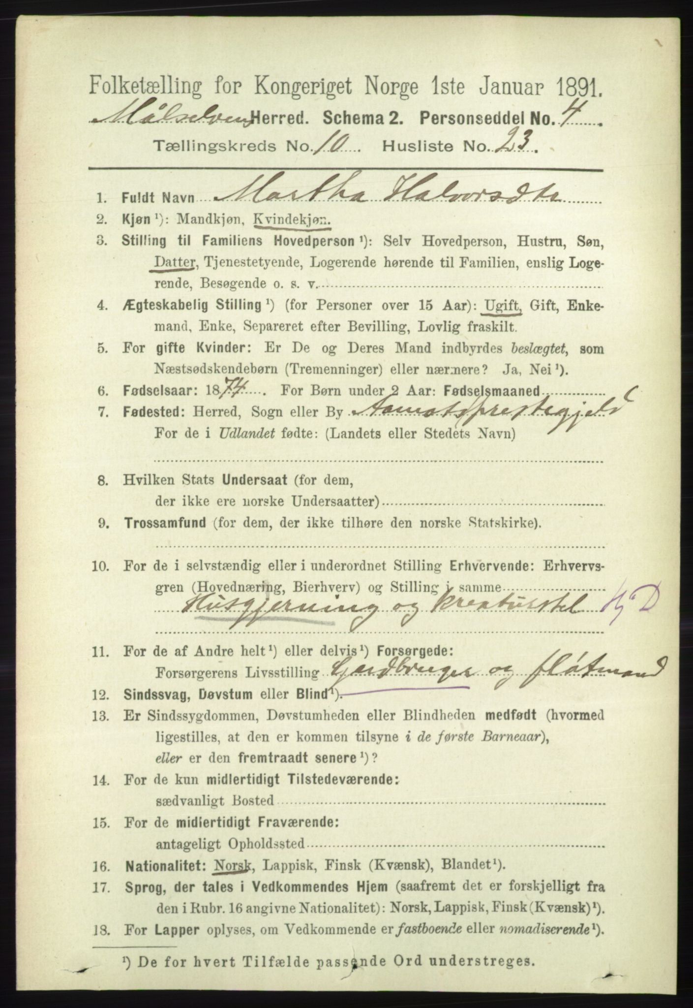 RA, 1891 census for 1924 Målselv, 1891, p. 3174