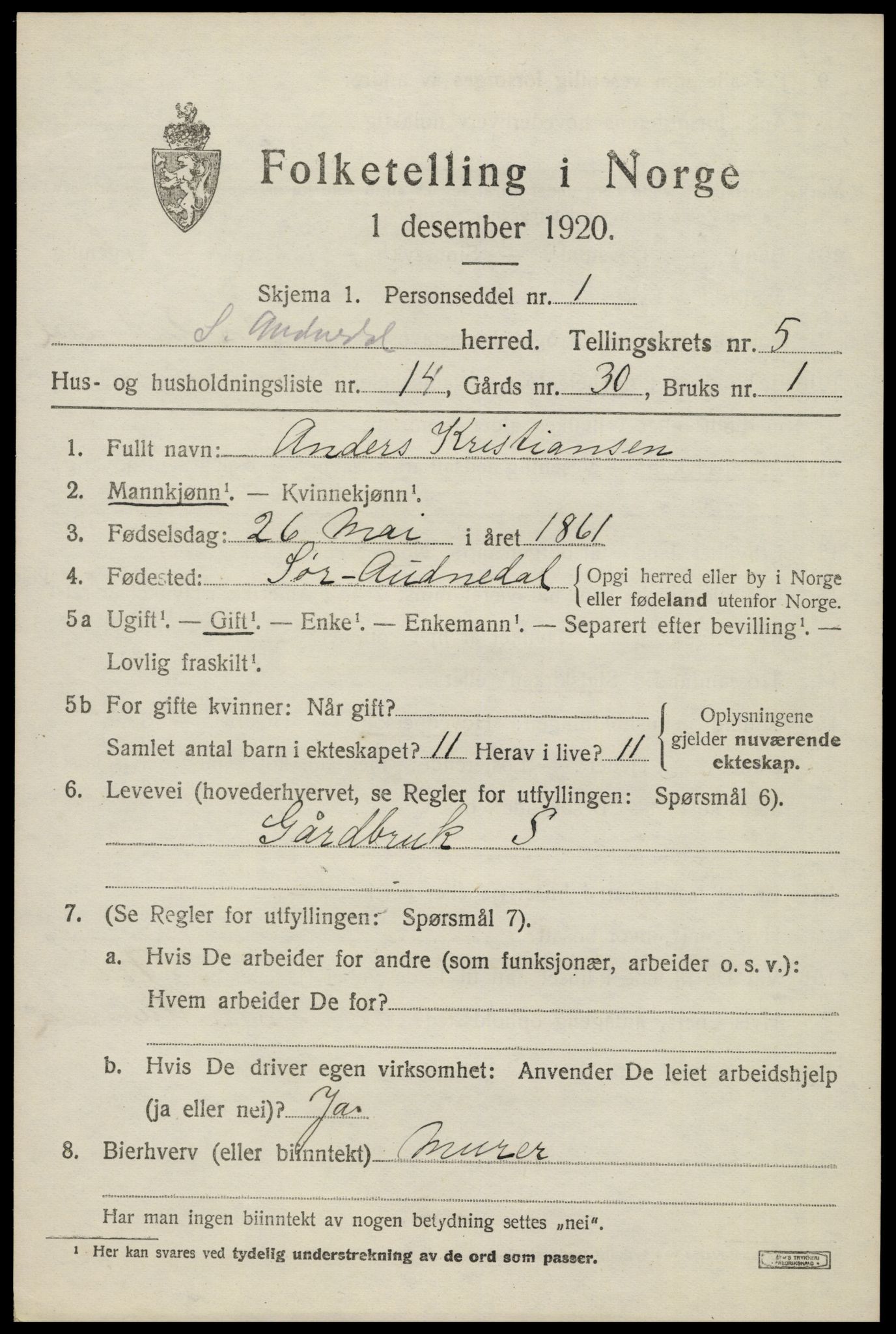 SAK, 1920 census for Sør-Audnedal, 1920, p. 2647
