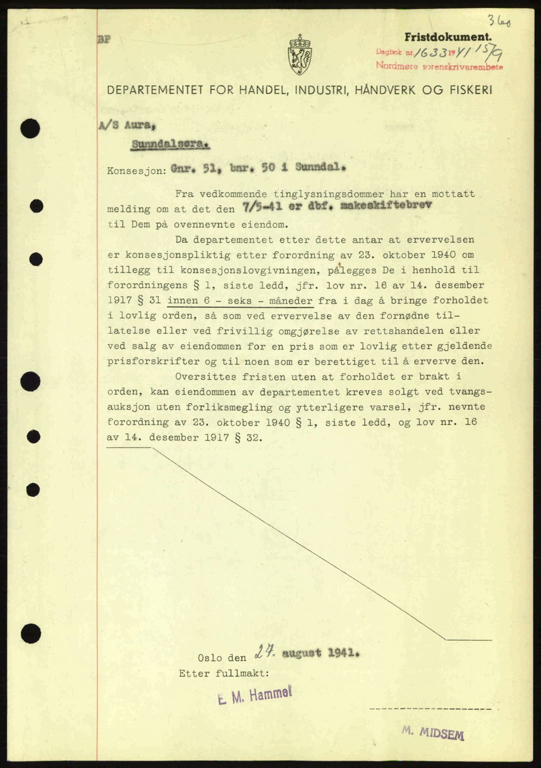 Nordmøre sorenskriveri, AV/SAT-A-4132/1/2/2Ca: Mortgage book no. B88, 1941-1942, Diary no: : 1633/1941