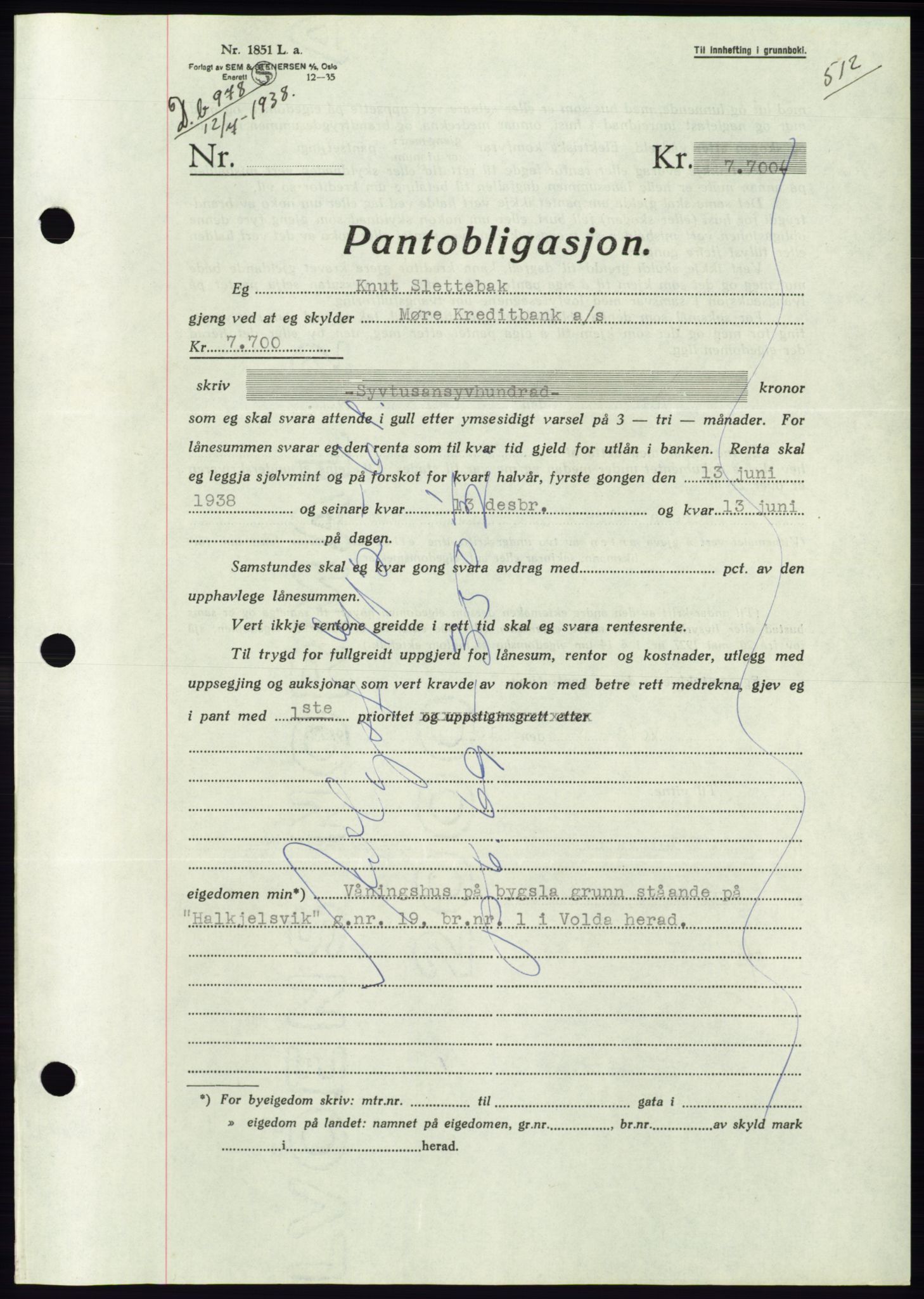 Søre Sunnmøre sorenskriveri, AV/SAT-A-4122/1/2/2C/L0065: Mortgage book no. 59, 1938-1938, Diary no: : 978/1938