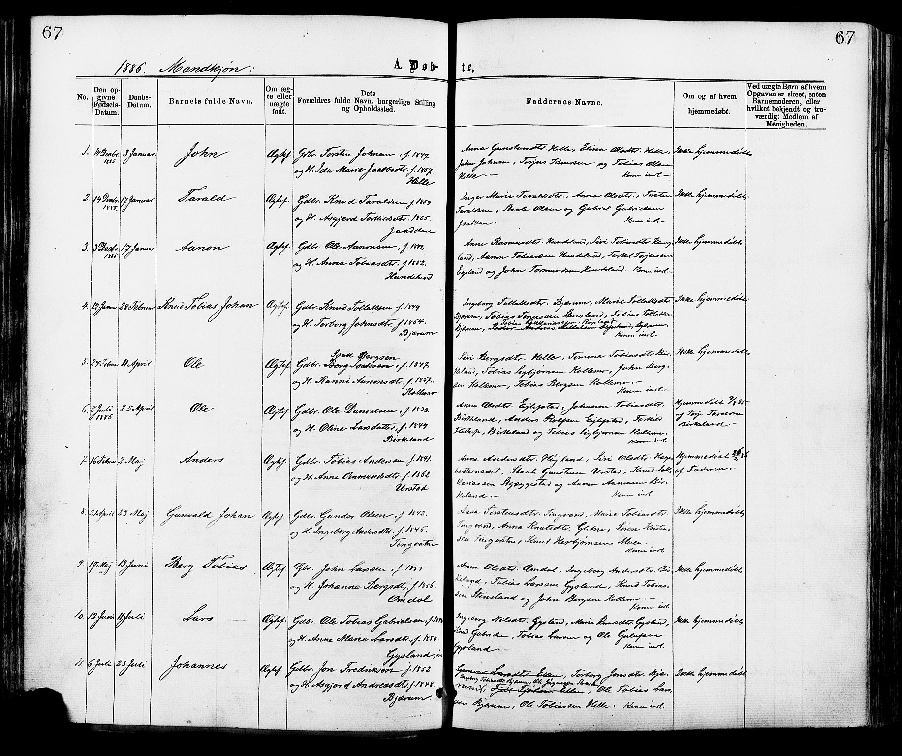 Hægebostad sokneprestkontor, AV/SAK-1111-0024/F/Fa/Faa/L0005: Parish register (official) no. A 5, 1864-1886, p. 67