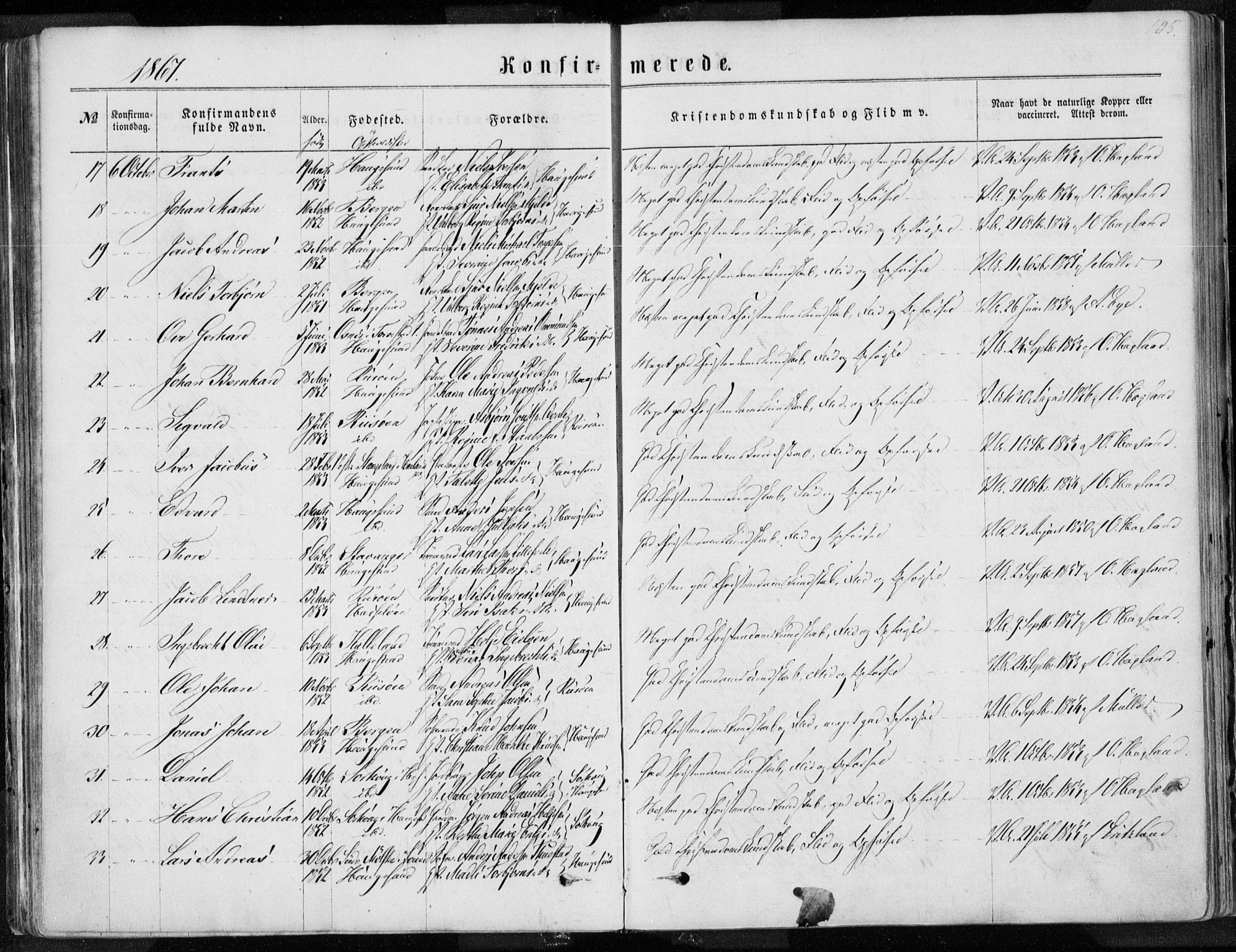 Torvastad sokneprestkontor, SAST/A -101857/H/Ha/Haa/L0012: Parish register (official) no. A 12.1, 1867-1877, p. 105
