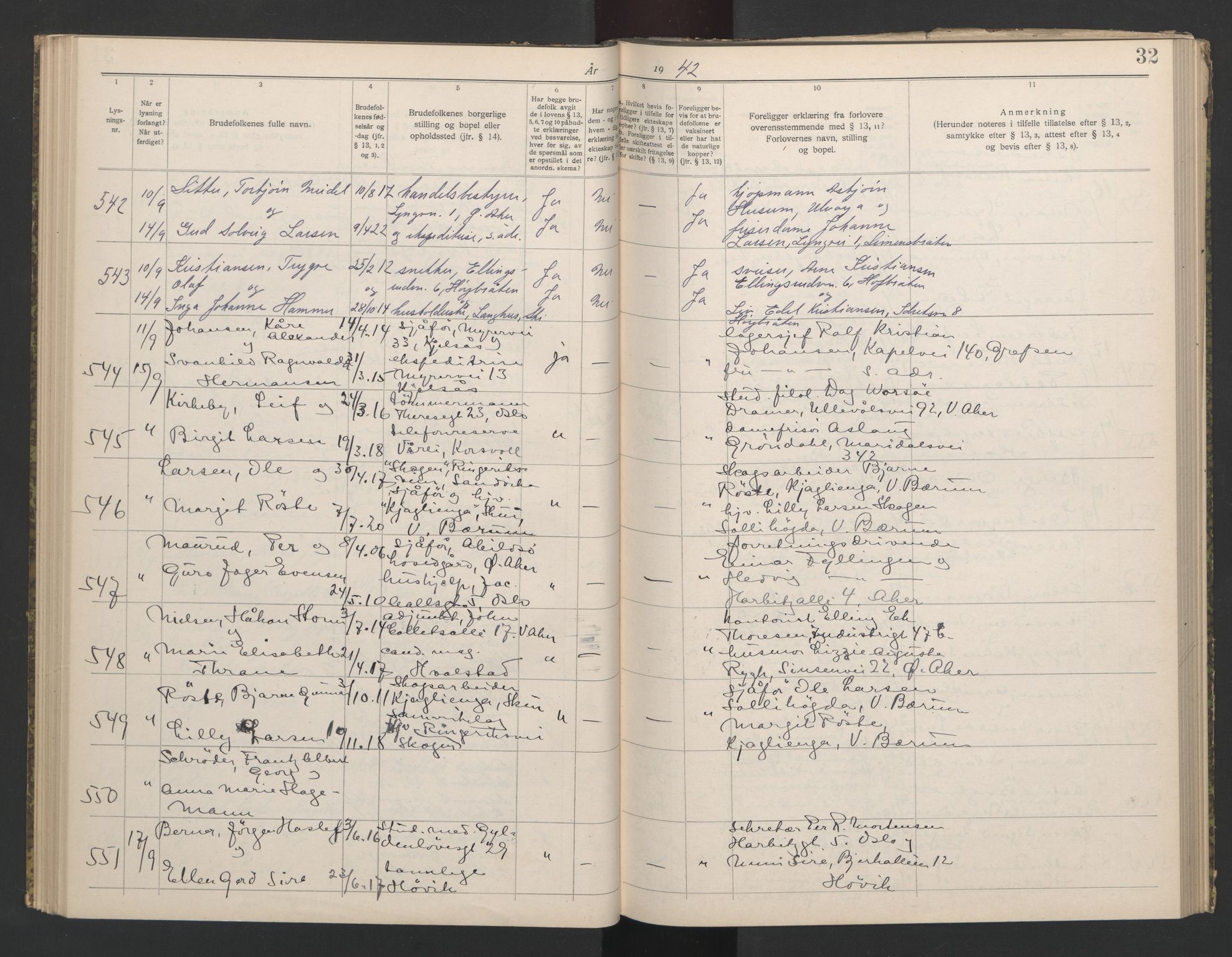 Aker sorenskriveri, AV/SAO-A-10895/L/Lb/L0002: Lysningsbok, 1942-1943, p. 32