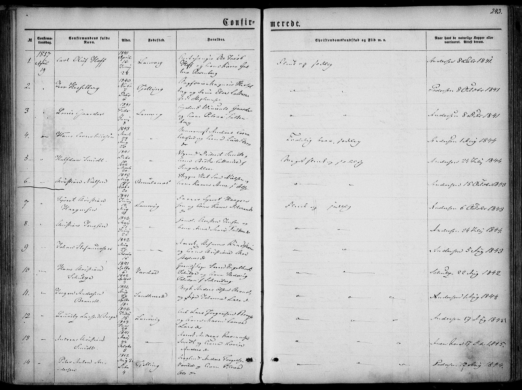 Larvik kirkebøker, SAKO/A-352/F/Fa/L0004: Parish register (official) no. I 4, 1856-1870, p. 243