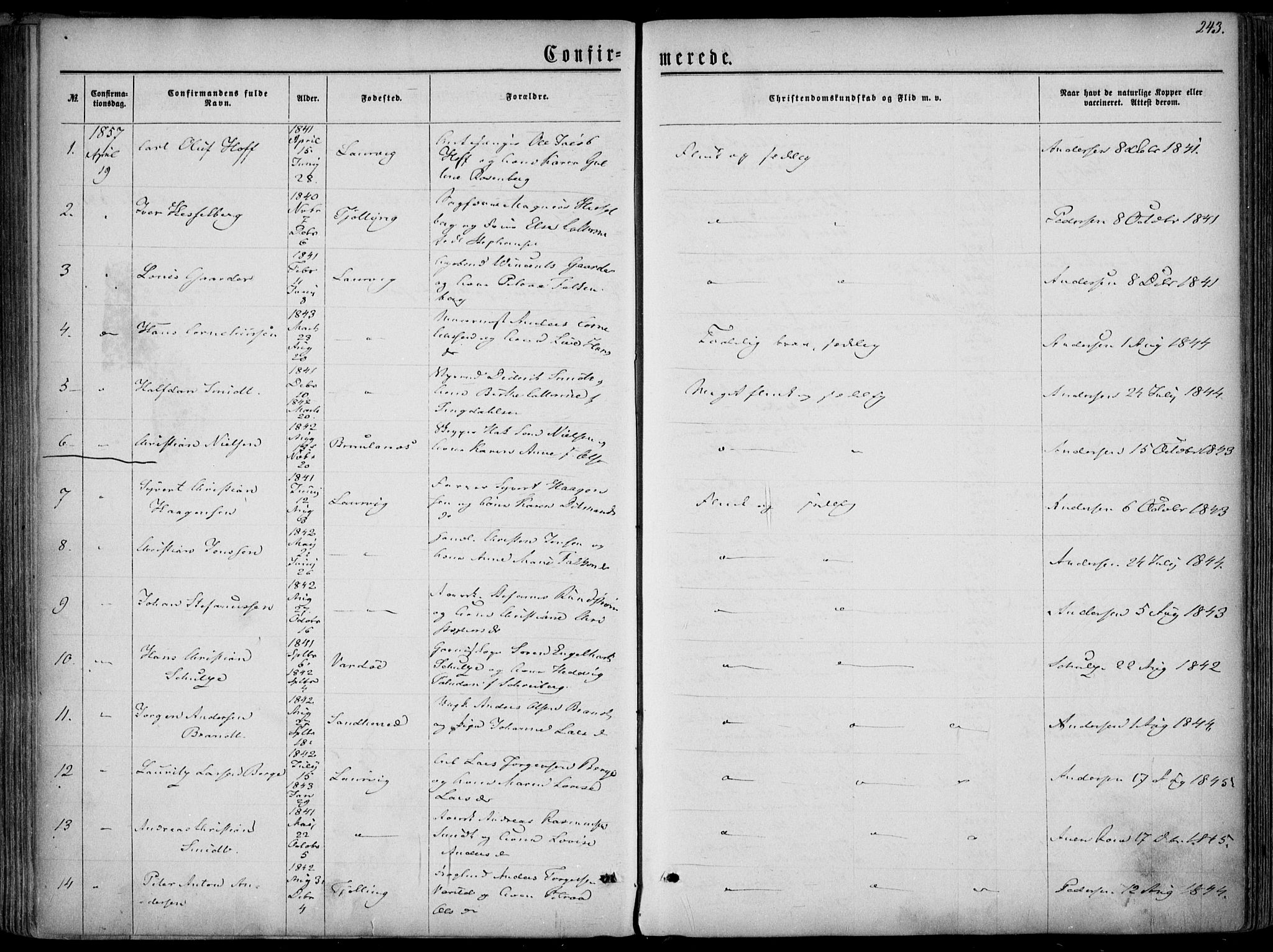 Larvik kirkebøker, AV/SAKO-A-352/F/Fa/L0004: Parish register (official) no. I 4, 1856-1870, p. 243