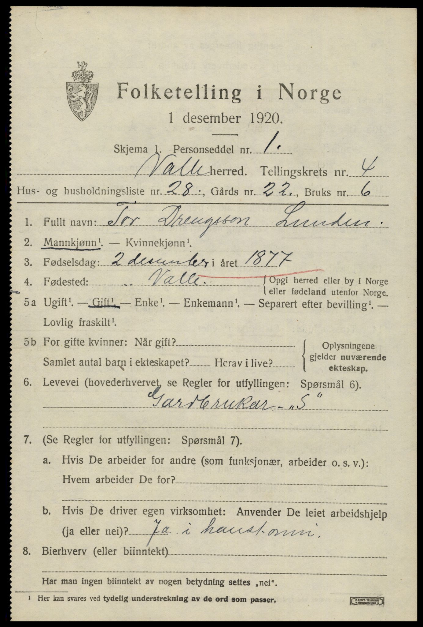 SAK, 1920 census for Valle, 1920, p. 2295