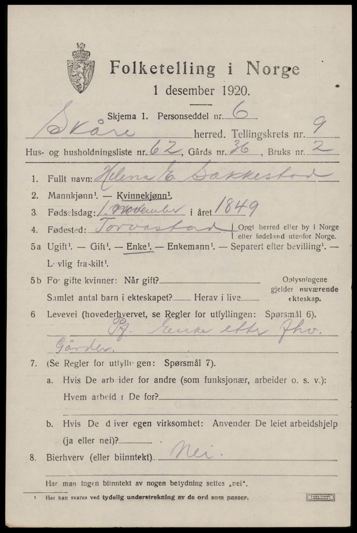 SAST, 1920 census for Skåre, 1920, p. 7854