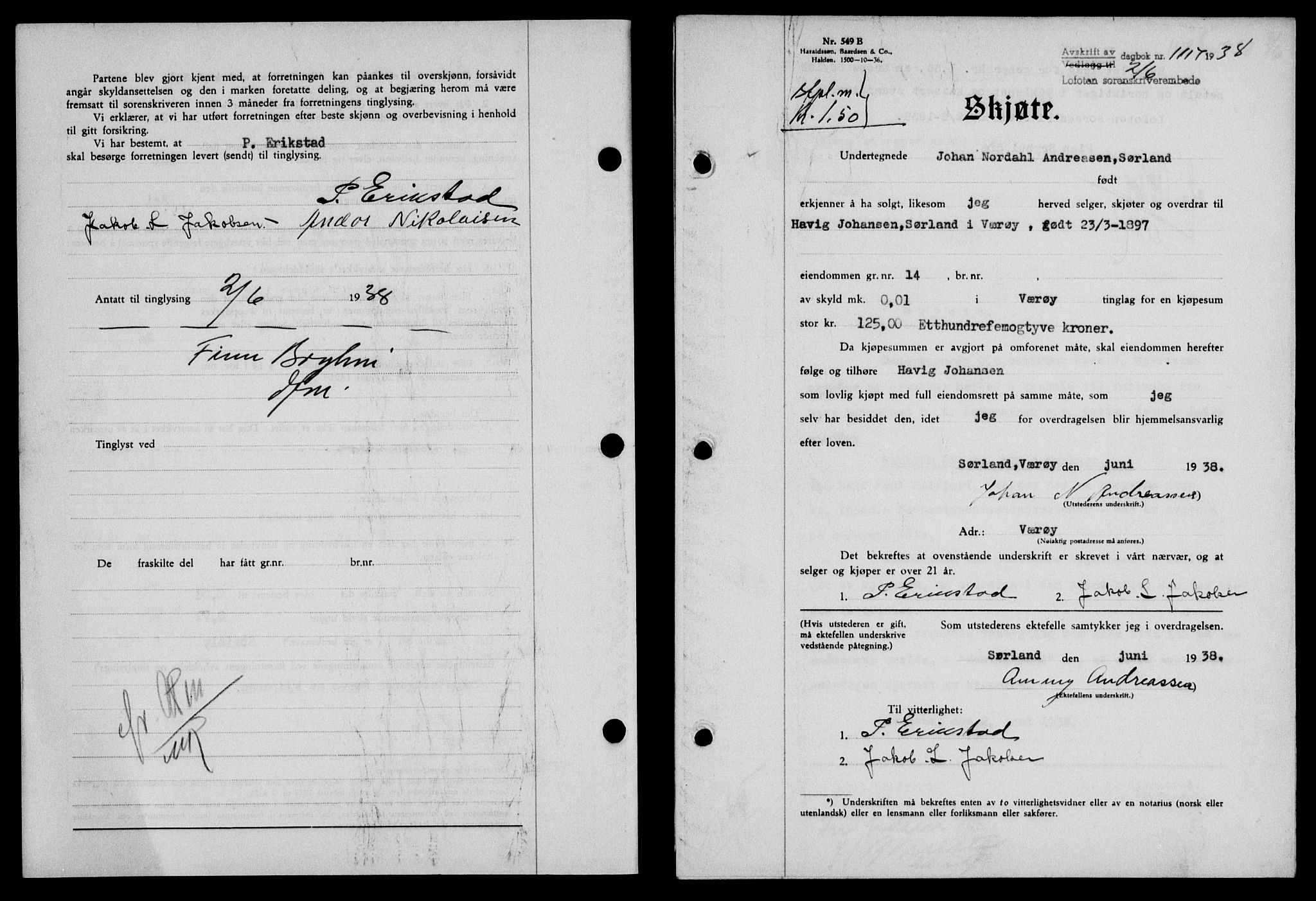 Lofoten sorenskriveri, SAT/A-0017/1/2/2C/L0004a: Mortgage book no. 4a, 1938-1938, Diary no: : 1117/1938
