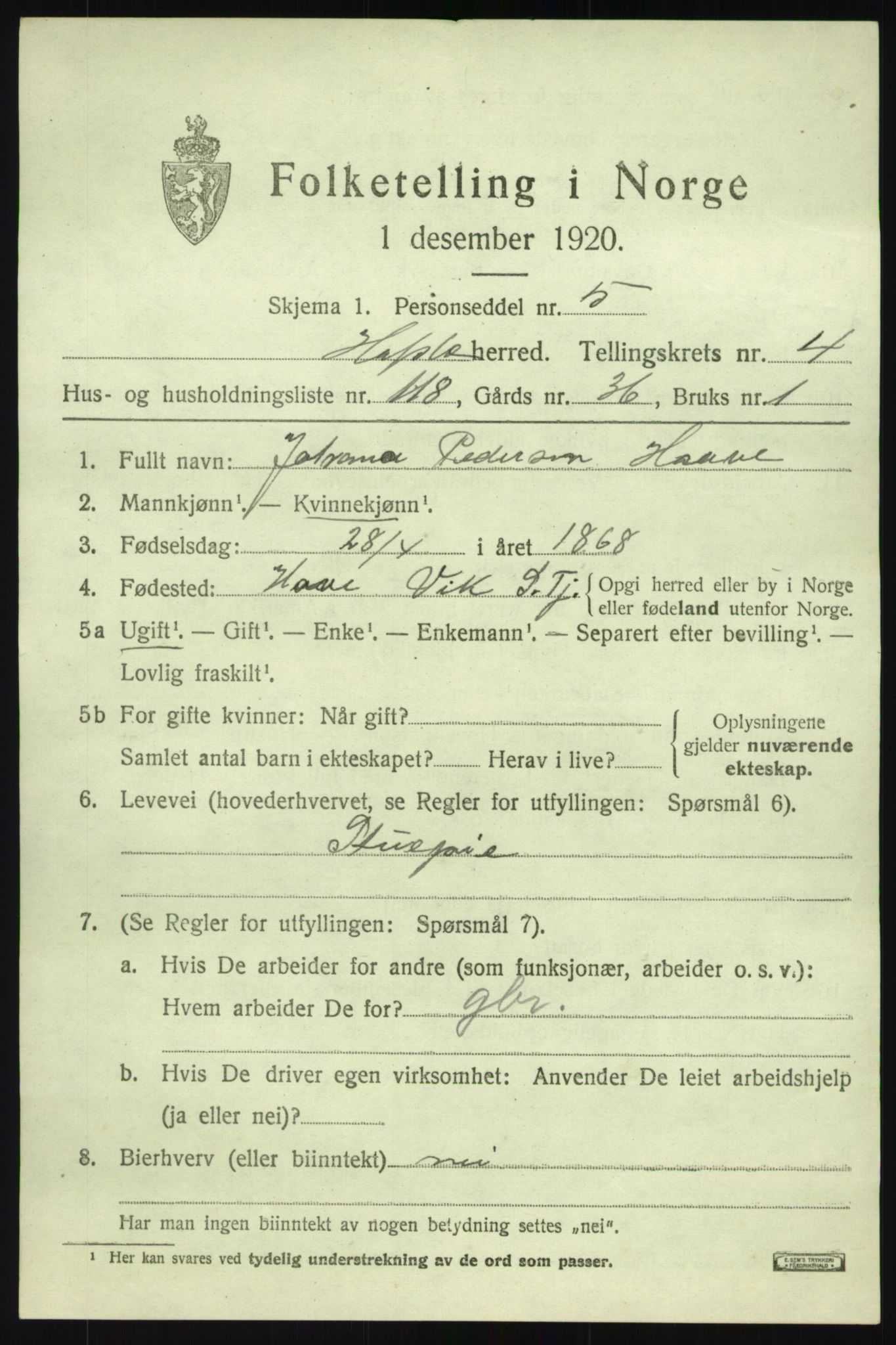 SAB, 1920 census for Hafslo, 1920, p. 3868