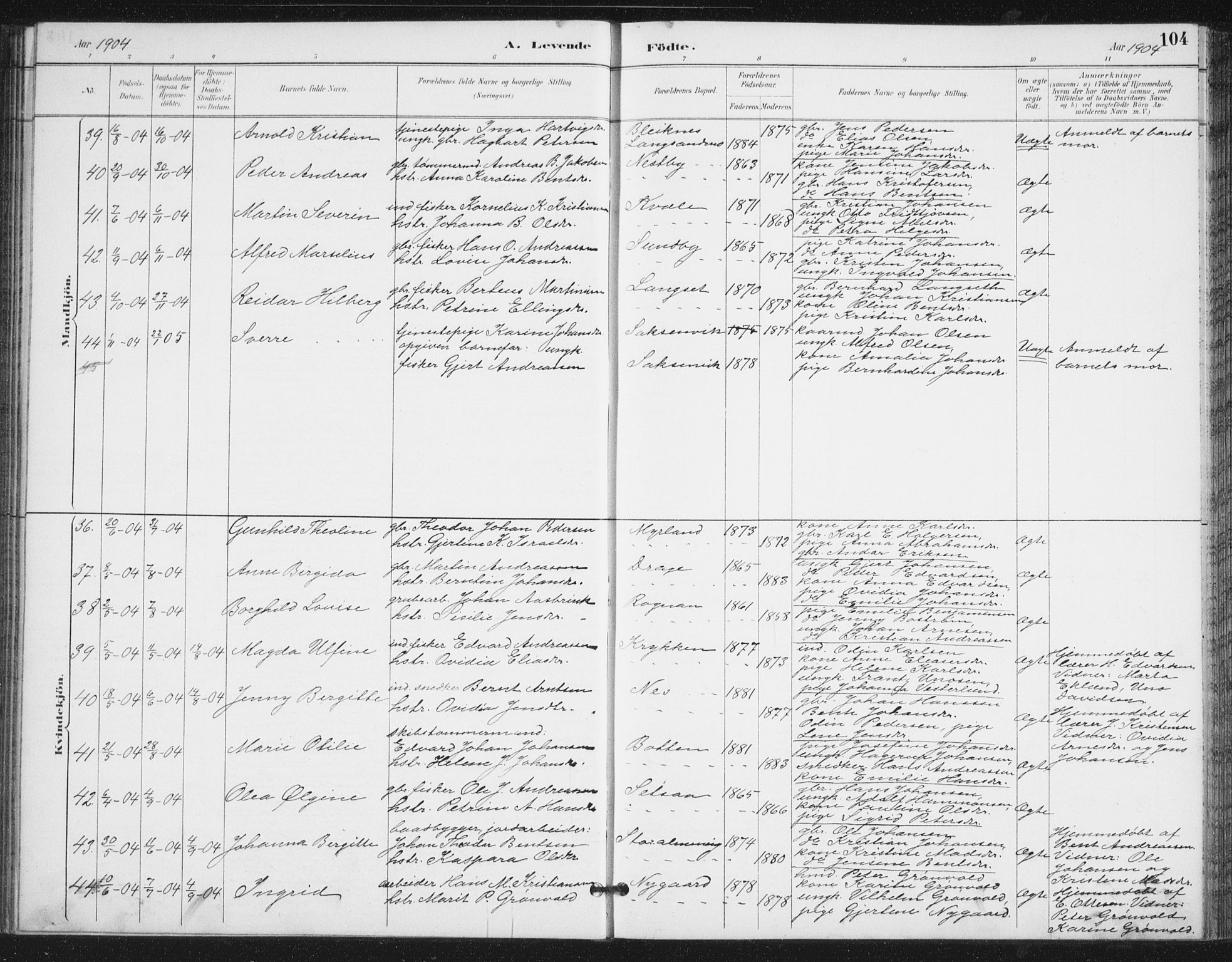 Ministerialprotokoller, klokkerbøker og fødselsregistre - Nordland, AV/SAT-A-1459/847/L0682: Parish register (copy) no. 847C10, 1889-1907, p. 104