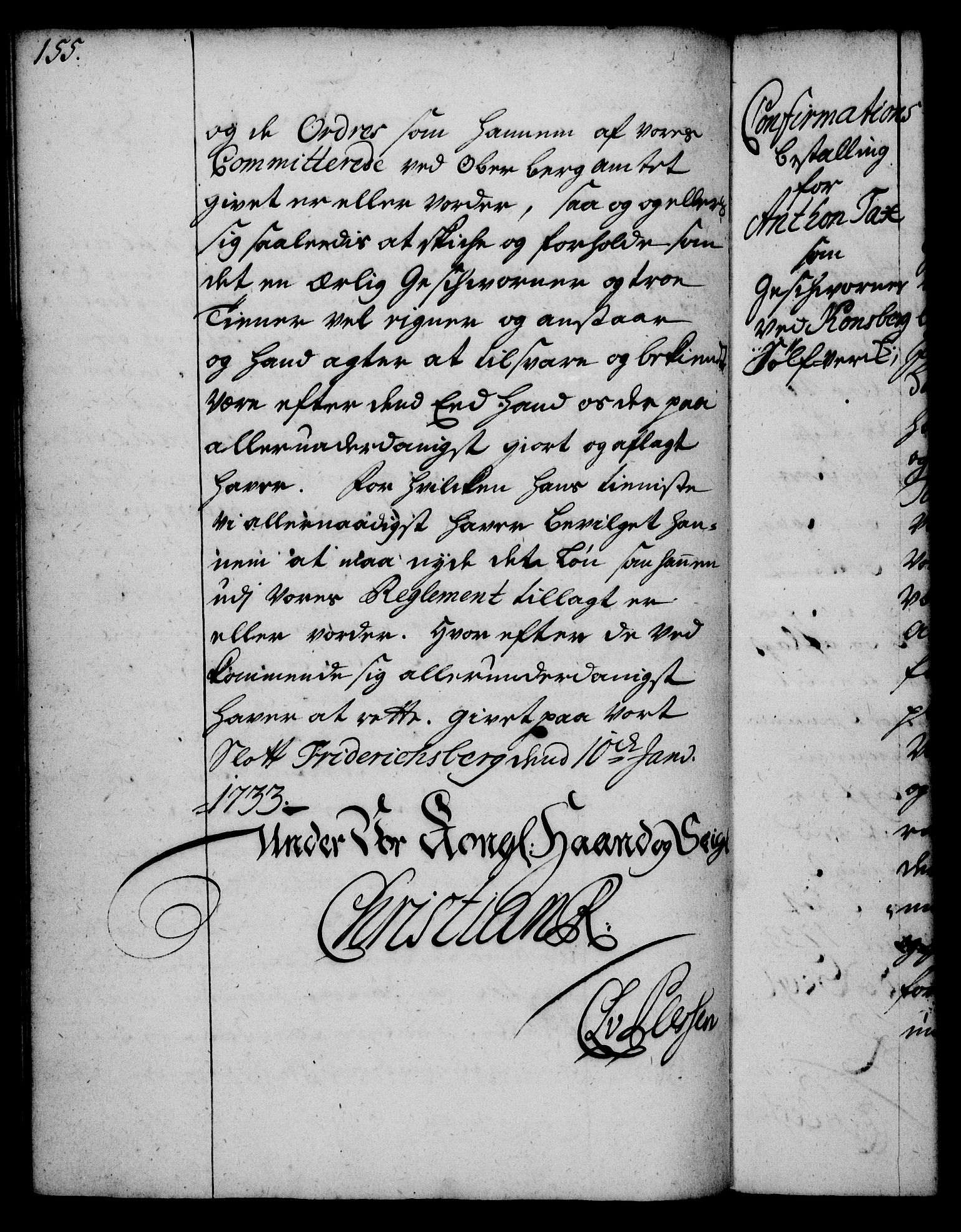 Rentekammeret, Kammerkanselliet, RA/EA-3111/G/Gg/Gge/L0002: Norsk bestallingsprotokoll med register (merket RK 53.26), 1730-1744, p. 155