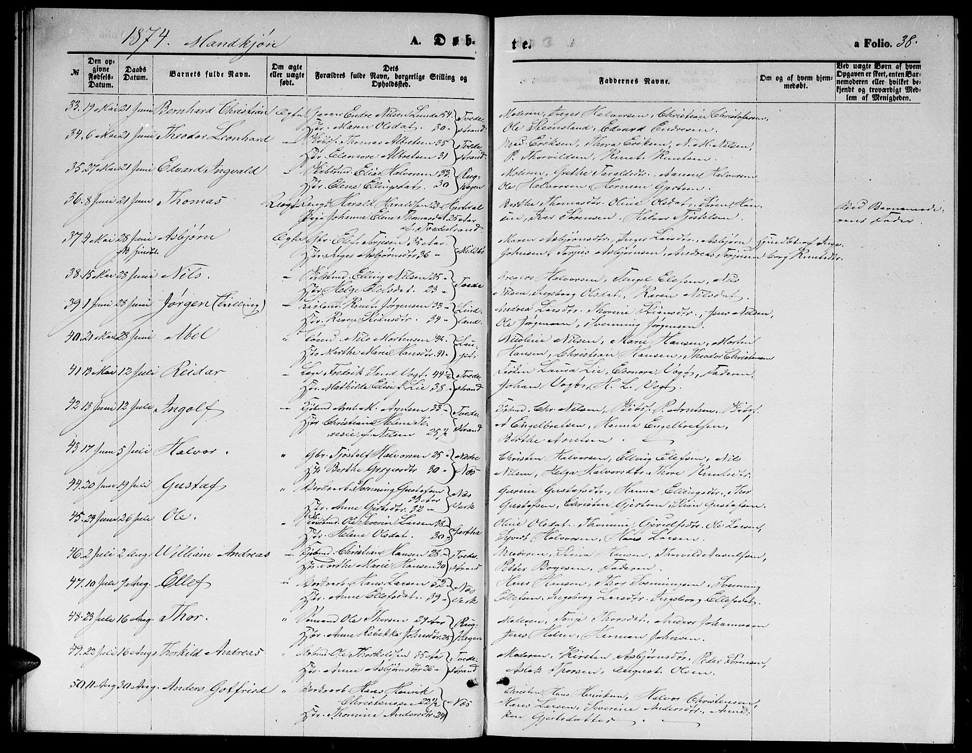 Holt sokneprestkontor, AV/SAK-1111-0021/F/Fb/L0009: Parish register (copy) no. B 9, 1871-1883, p. 38