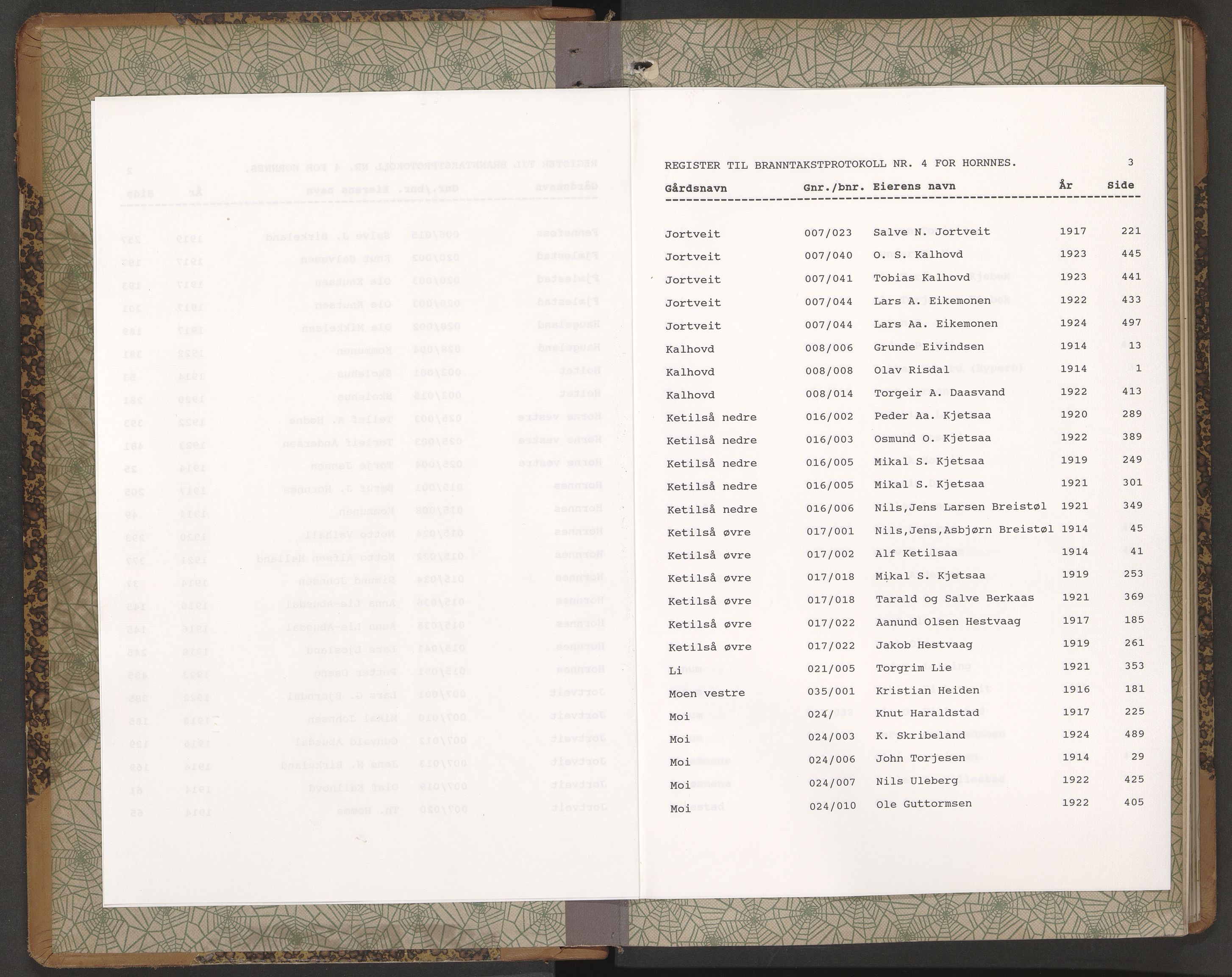 Norges Brannkasse Hornnes, AV/SAK-2241-0026/F/Fa/L0005: Branntakstprotokoll nr. 4 med gårdsnavnregister, 1914-1924