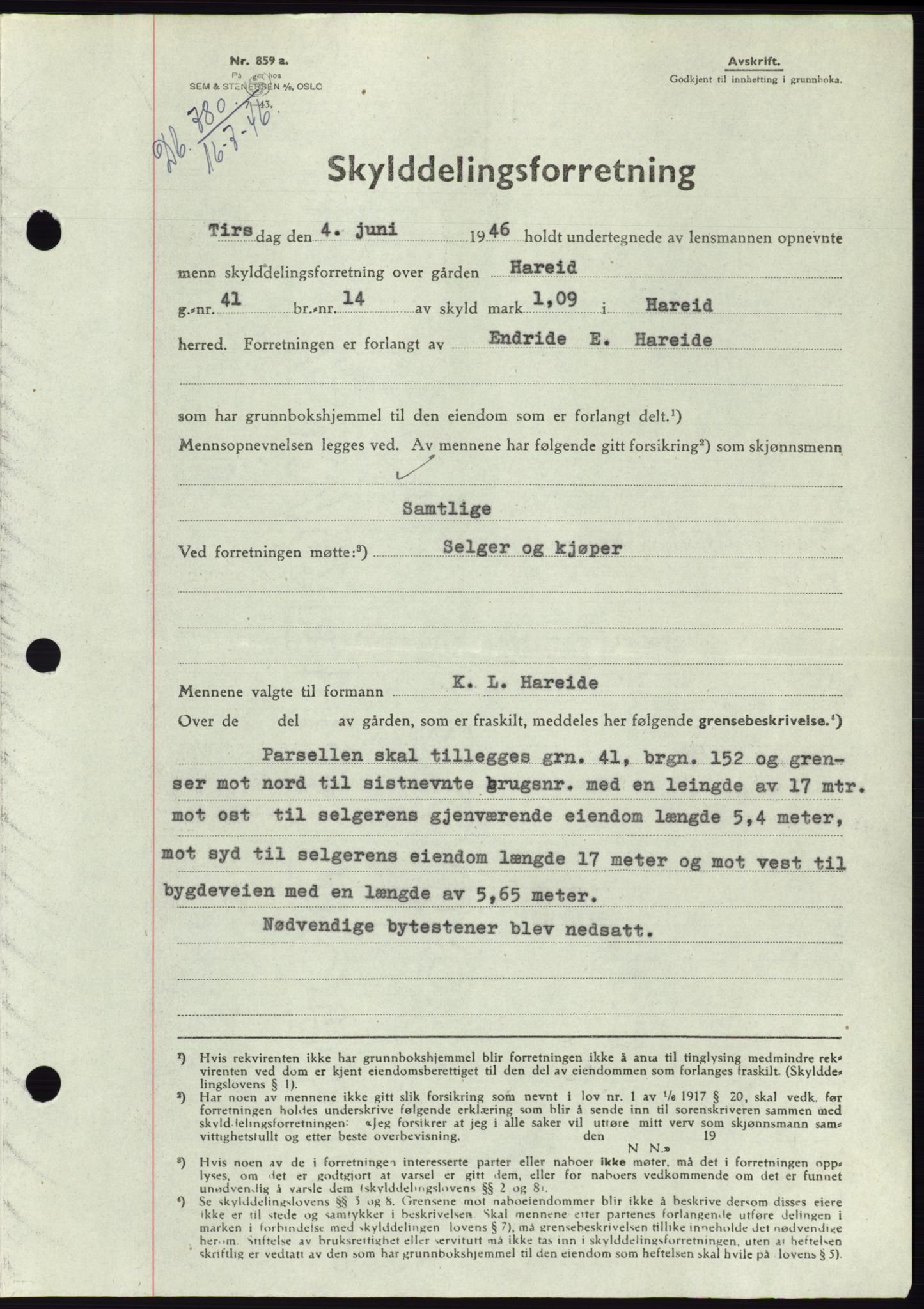 Søre Sunnmøre sorenskriveri, AV/SAT-A-4122/1/2/2C/L0078: Mortgage book no. 4A, 1946-1946, Diary no: : 780/1946