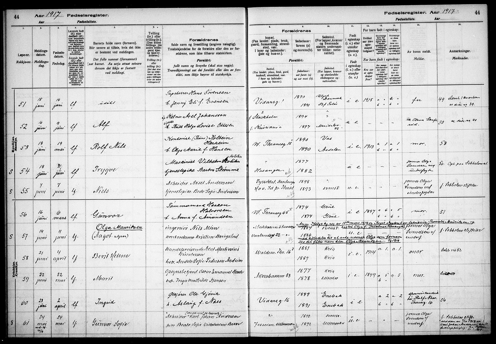 Gamle Aker prestekontor Kirkebøker, AV/SAO-A-10617a/J/L0001: Birth register no. 1, 1916-1927, p. 44