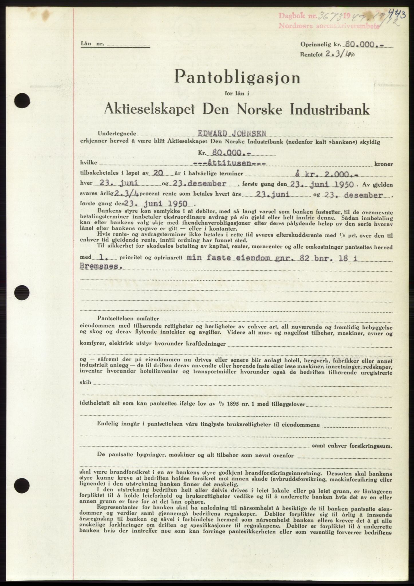 Nordmøre sorenskriveri, SAT/A-4132/1/2/2Ca: Mortgage book no. B103, 1949-1950, Diary no: : 3673/1949