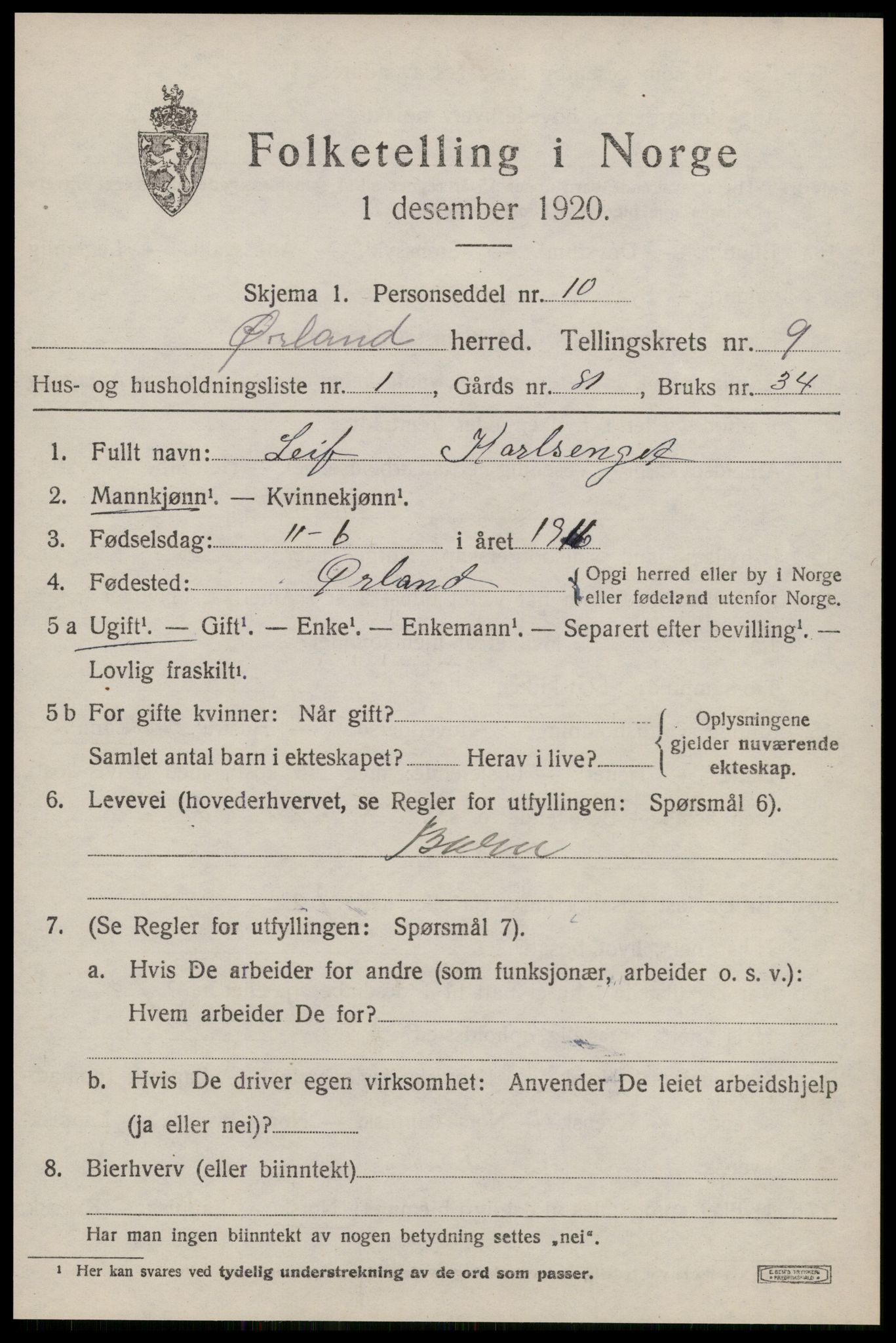 SAT, 1920 census for Ørland, 1920, p. 7853