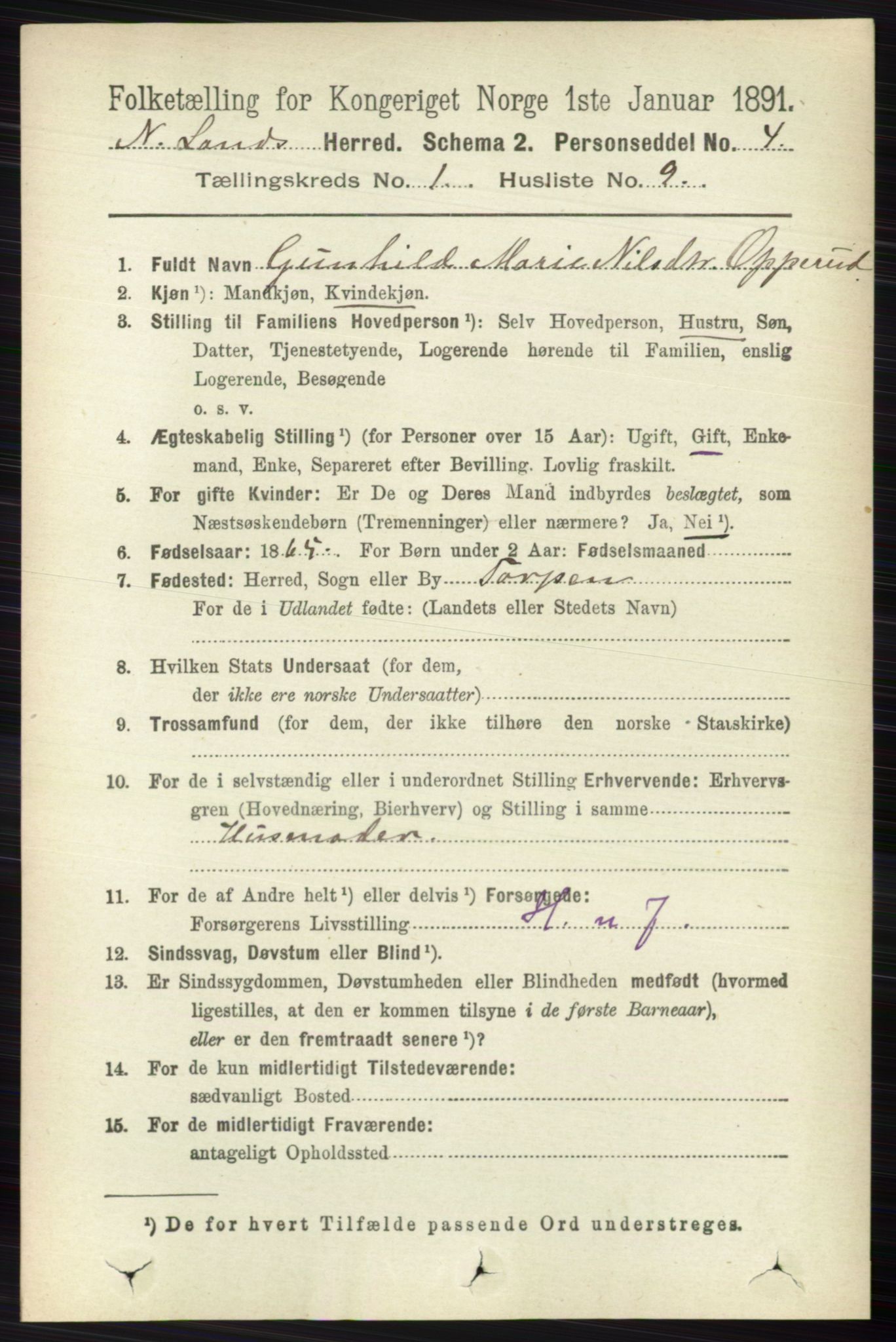 RA, 1891 census for 0538 Nordre Land, 1891, p. 175