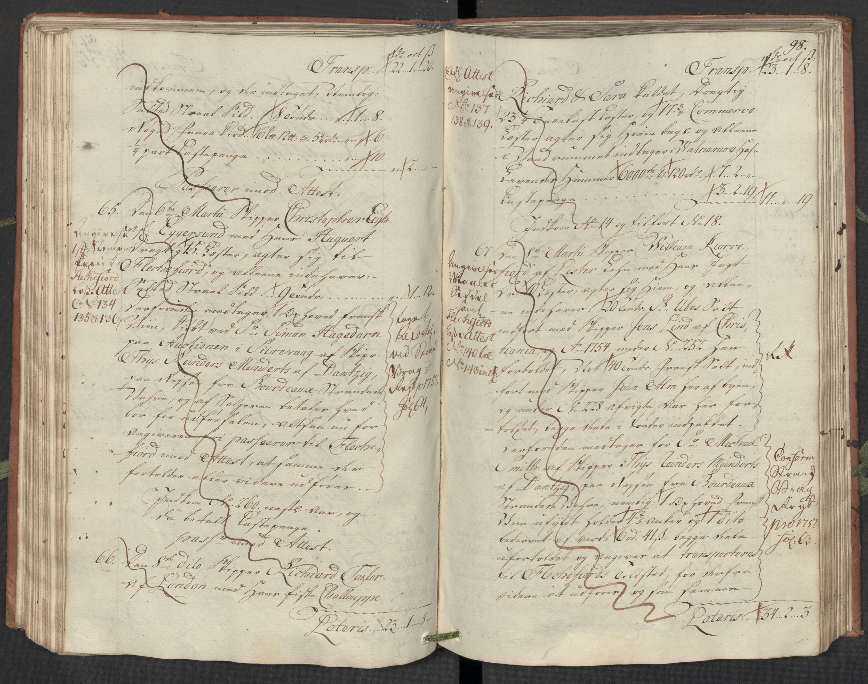 Generaltollkammeret, tollregnskaper, AV/RA-EA-5490/R22/L0018/0001: Tollregnskaper Stavanger / Hovedtollbok, 1756, p. 97b-98a