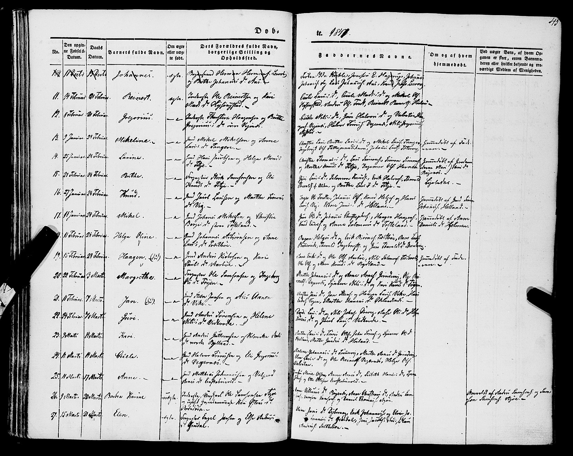 Stord sokneprestembete, SAB/A-78201/H/Haa: Parish register (official) no. A 7, 1841-1861, p. 45