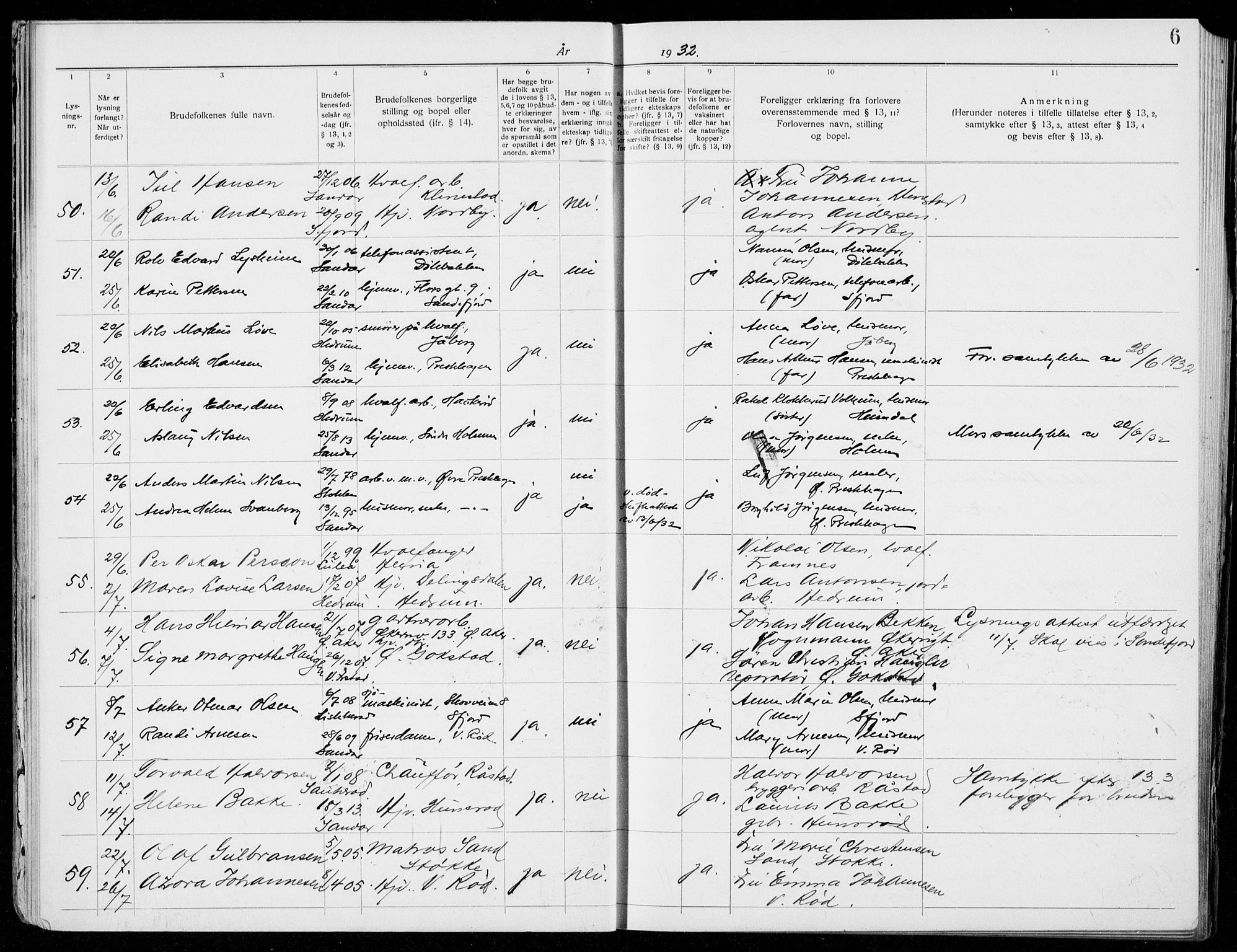 Sandar kirkebøker, AV/SAKO-A-243/H/Ha/L0006: Banns register no. 6, 1932-1939, p. 6