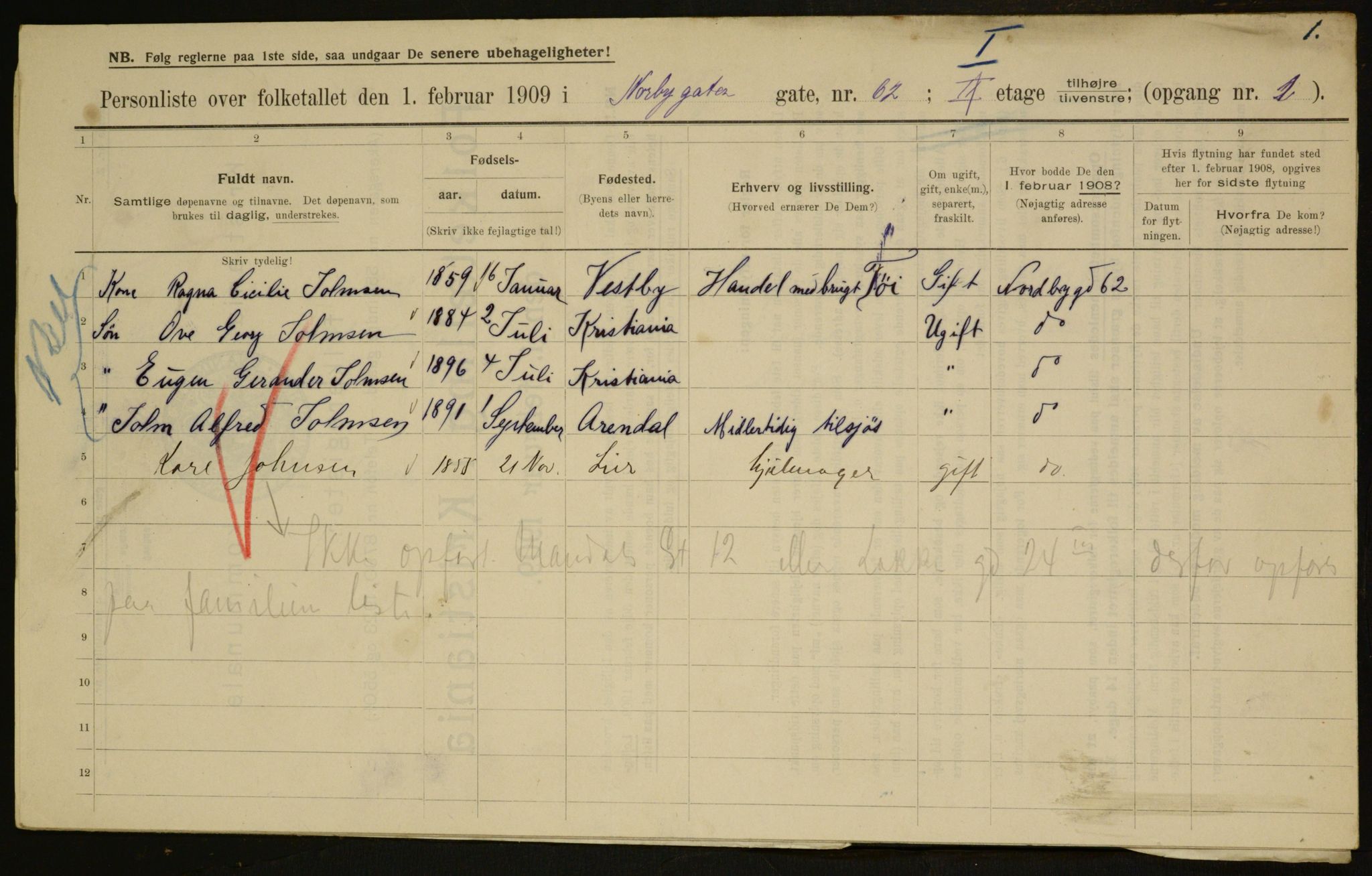 OBA, Municipal Census 1909 for Kristiania, 1909, p. 65313