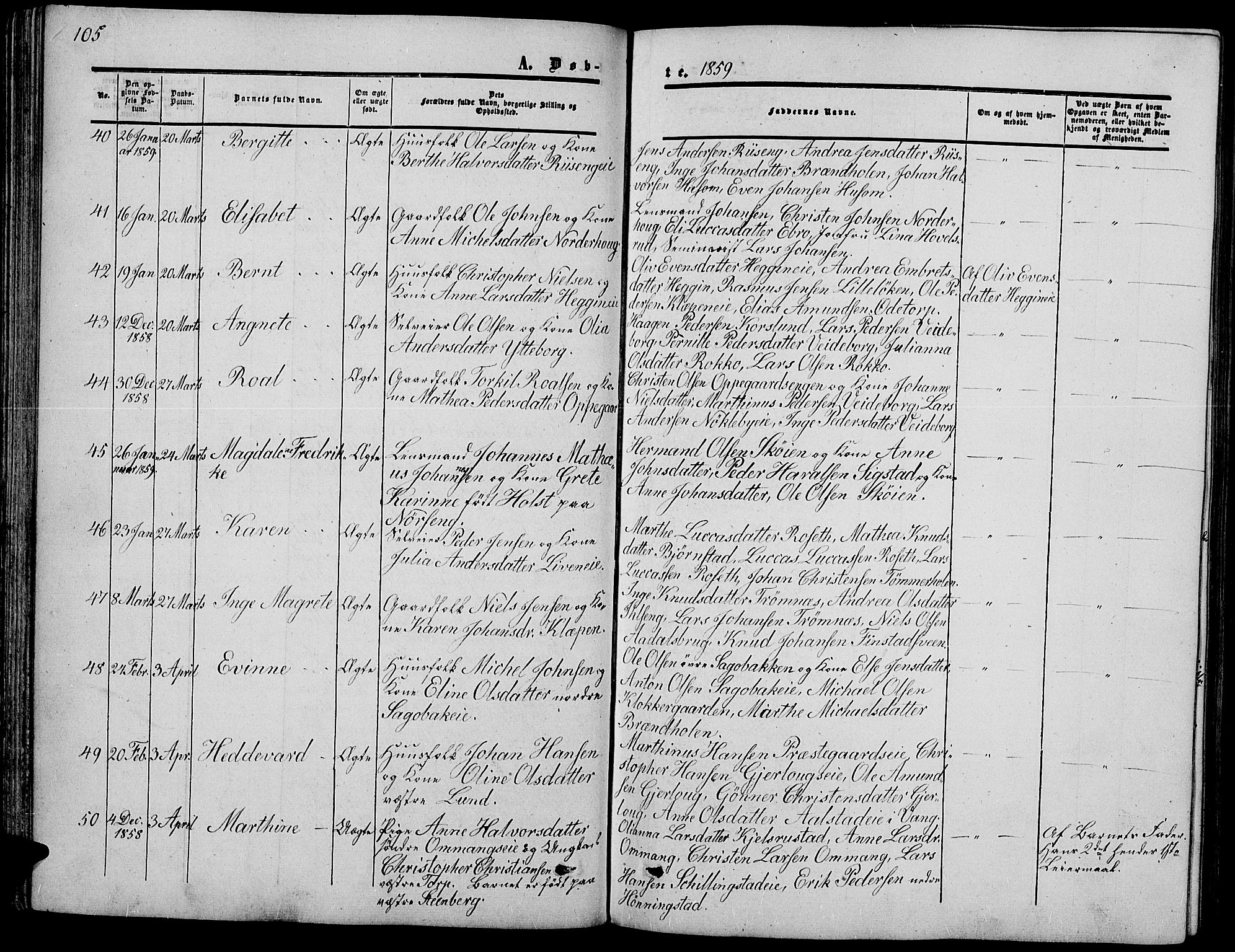 Løten prestekontor, SAH/PREST-022/L/La/L0003: Parish register (copy) no. 3, 1850-1862, p. 105