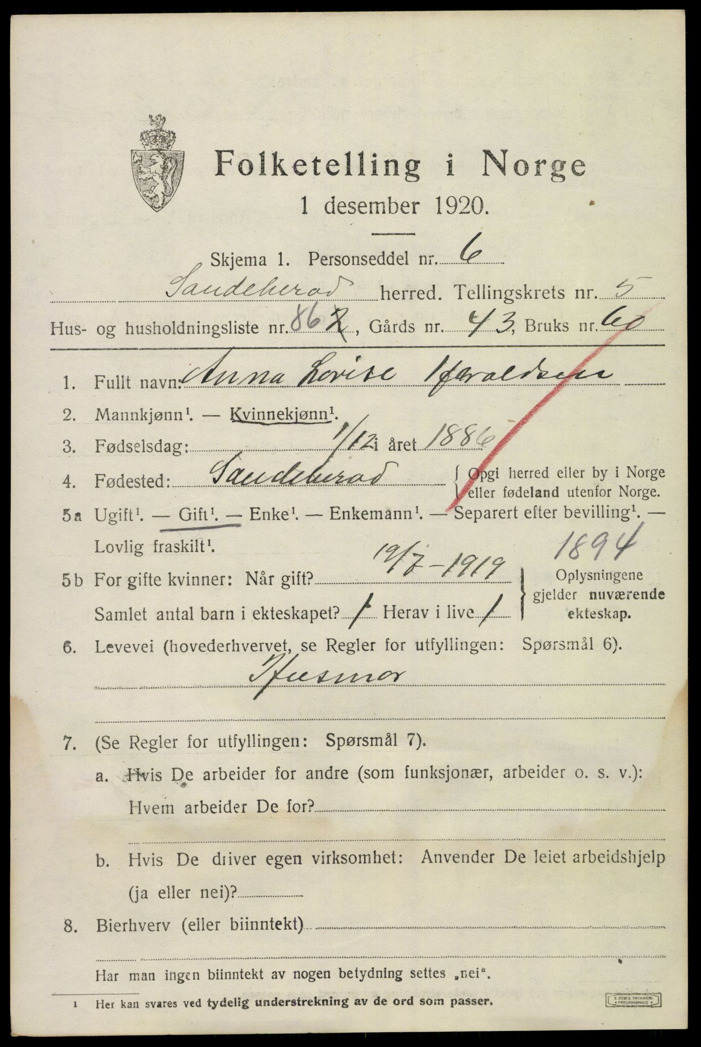 SAKO, 1920 census for Sandeherred, 1920, p. 9226