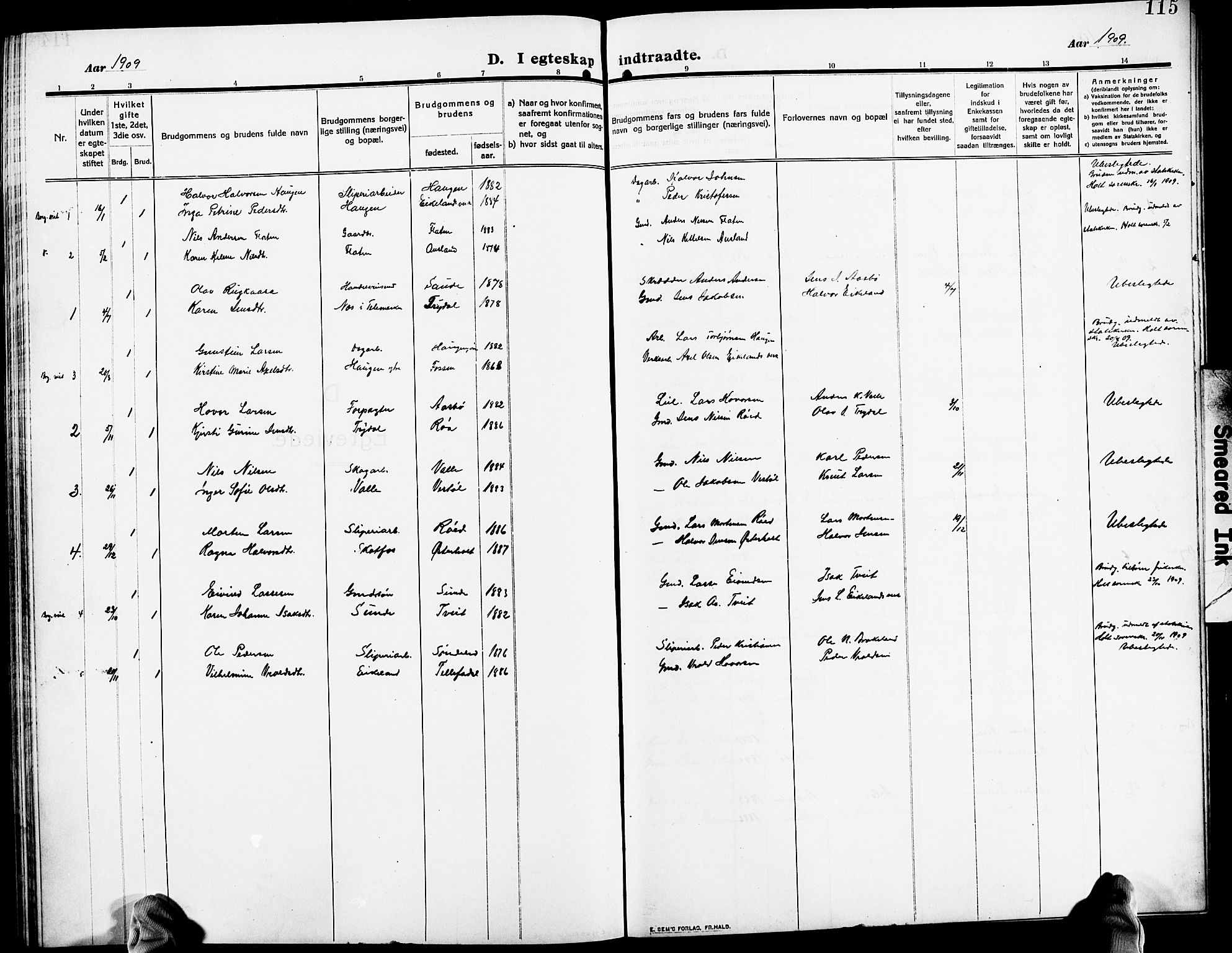 Gjerstad sokneprestkontor, AV/SAK-1111-0014/F/Fb/Fba/L0008: Parish register (copy) no. B 8, 1909-1925, p. 115