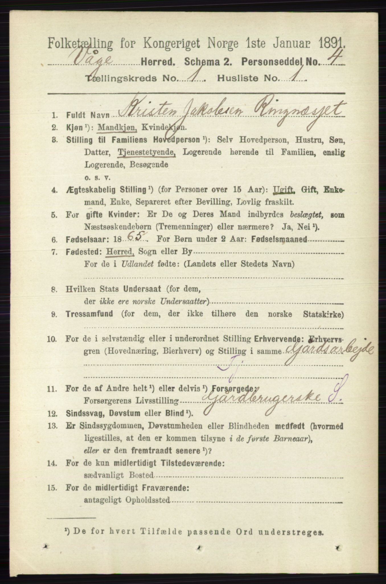 RA, 1891 census for 0515 Vågå, 1891, p. 165