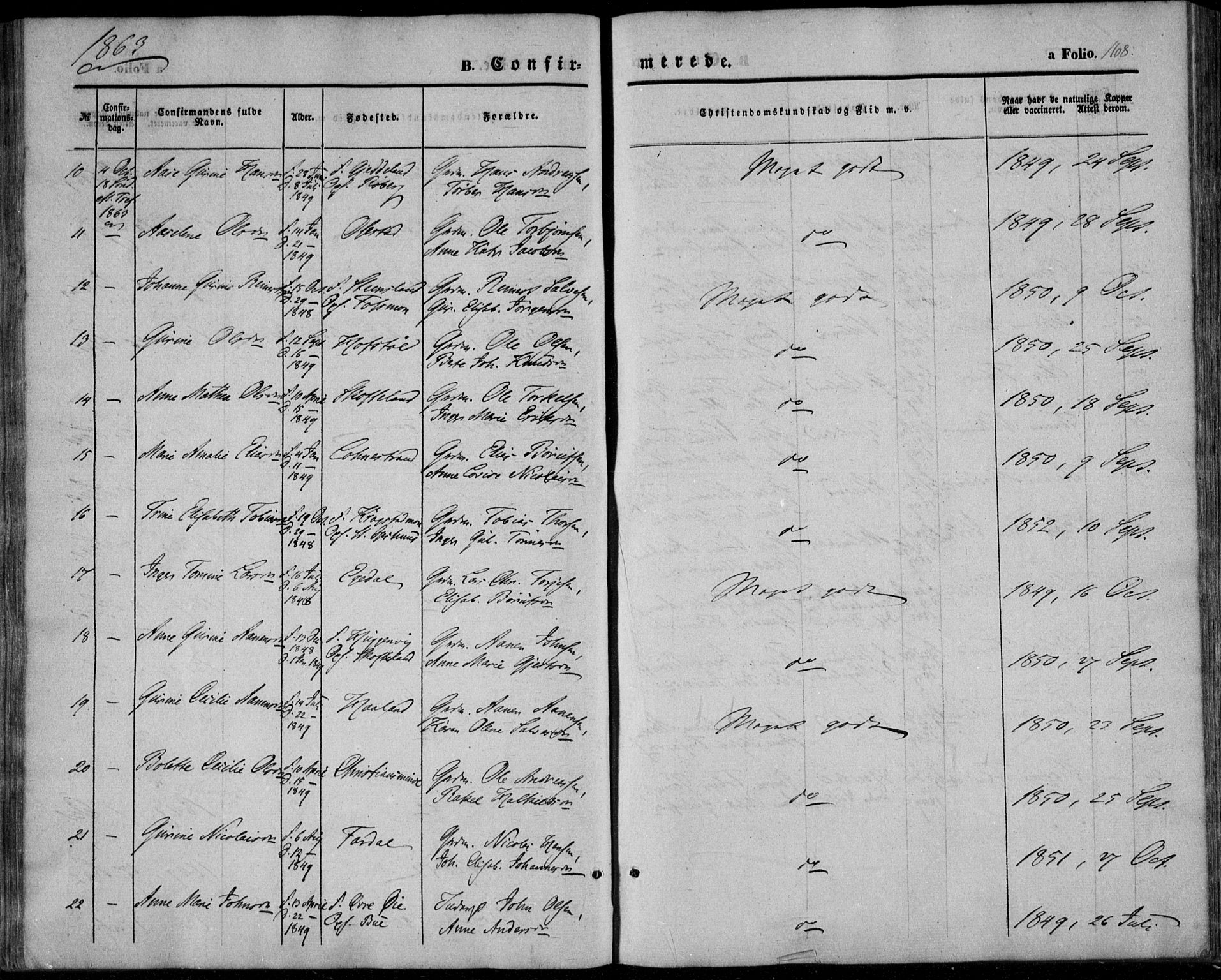 Sør-Audnedal sokneprestkontor, AV/SAK-1111-0039/F/Fa/Fab/L0007: Parish register (official) no. A 7, 1855-1876, p. 168