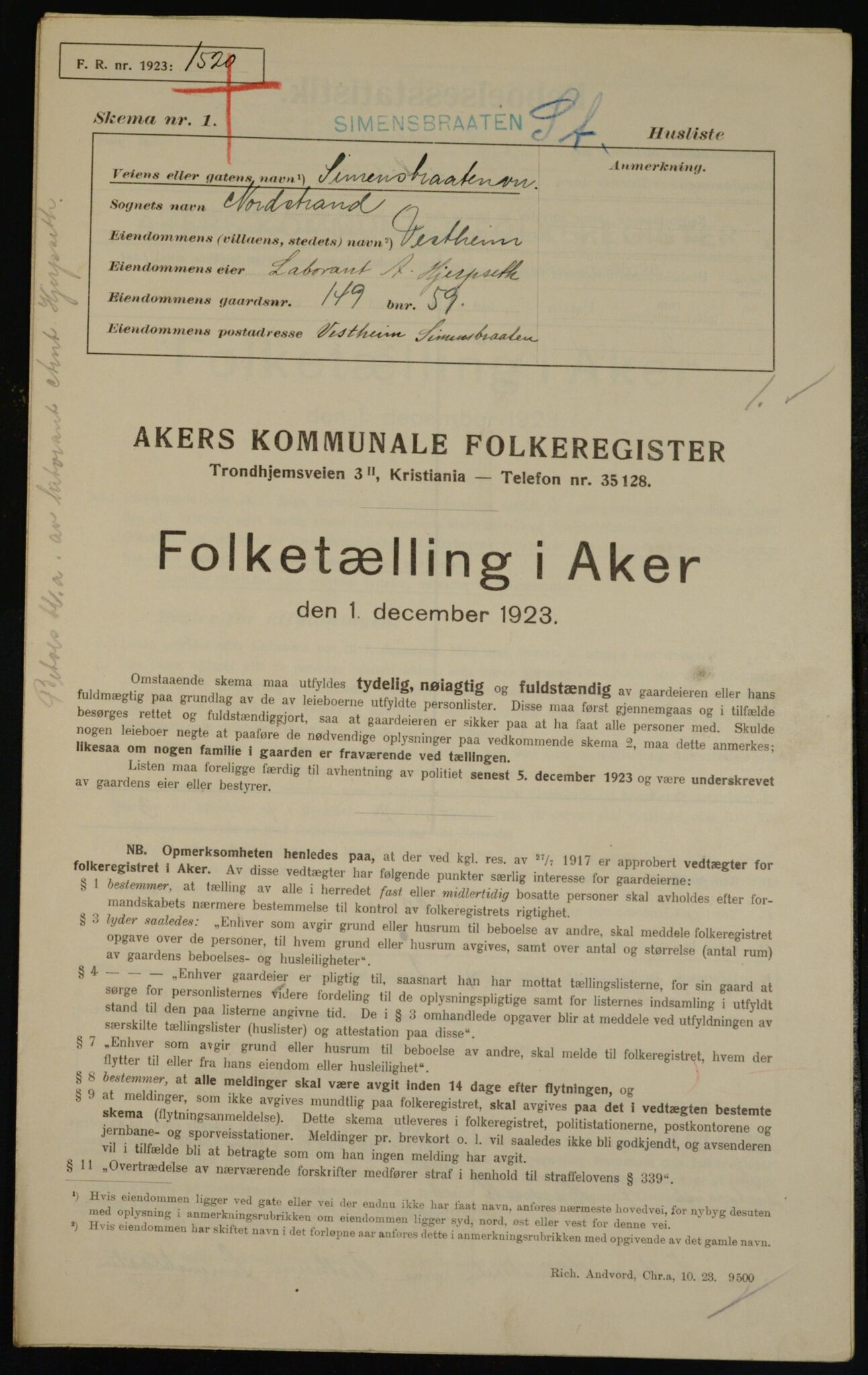 , Municipal Census 1923 for Aker, 1923, p. 45307