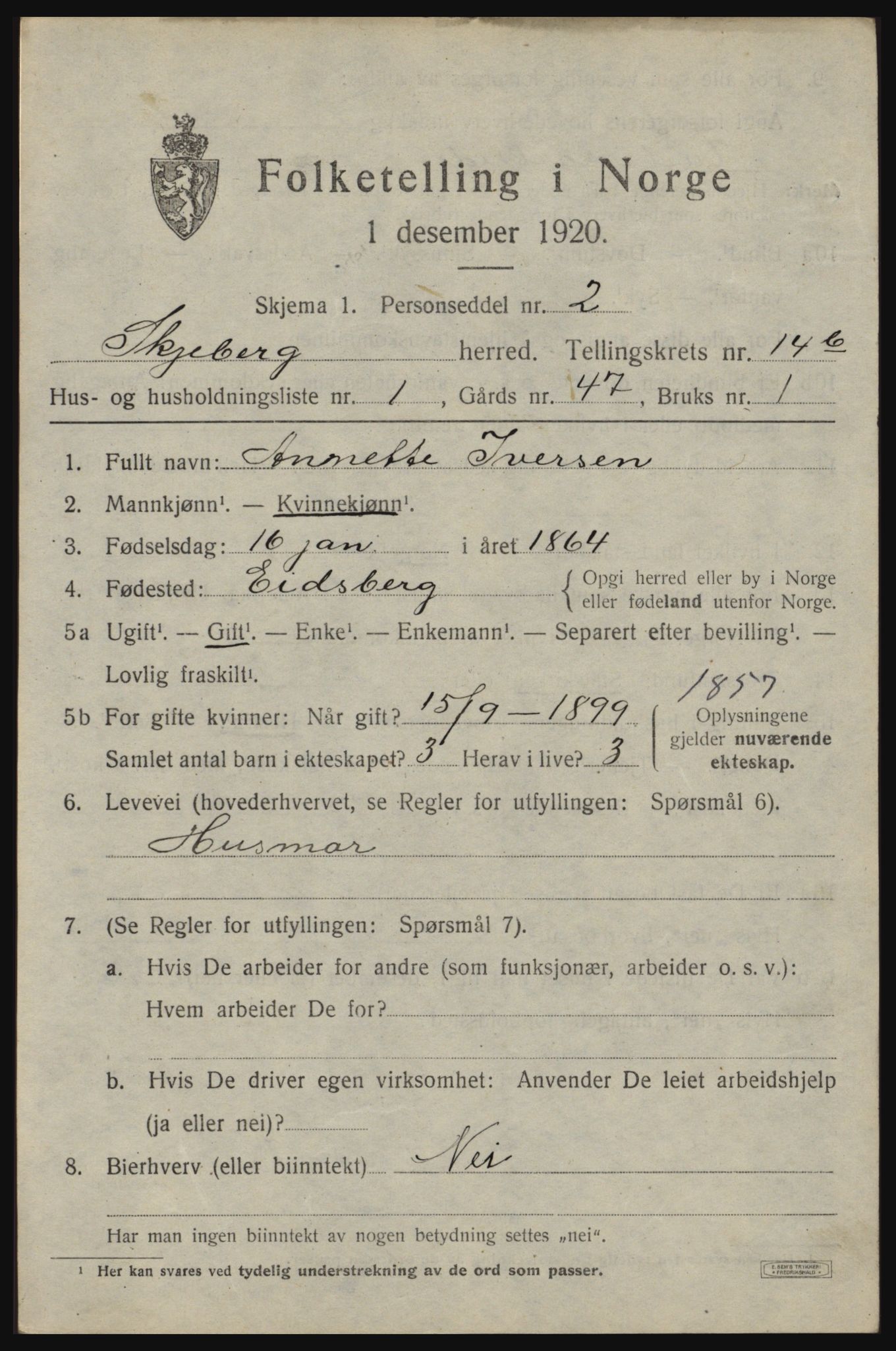 SAO, 1920 census for Skjeberg, 1920, p. 13671