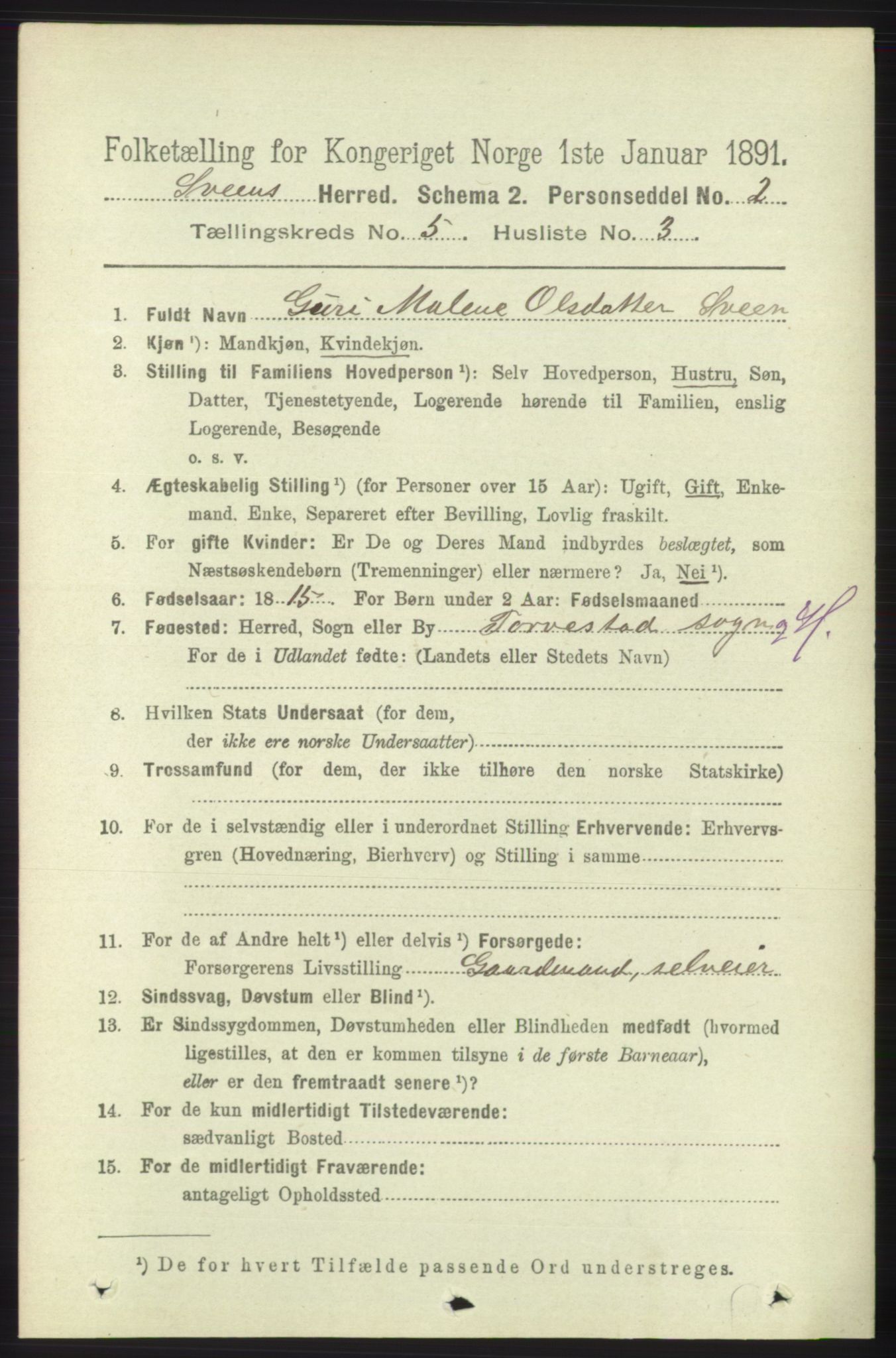 RA, 1891 census for 1216 Sveio, 1891, p. 1458