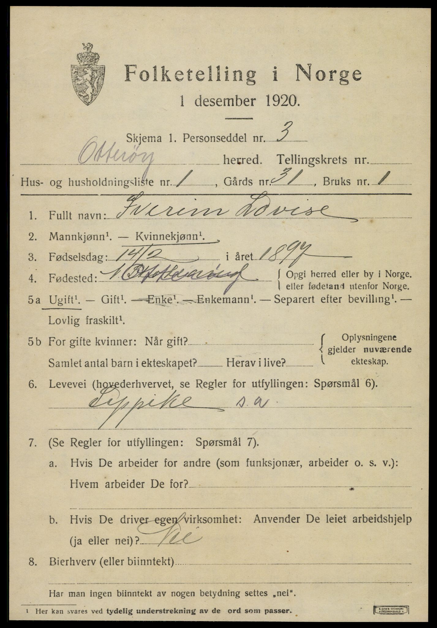 SAT, 1920 census for Otterøy, 1920, p. 1121