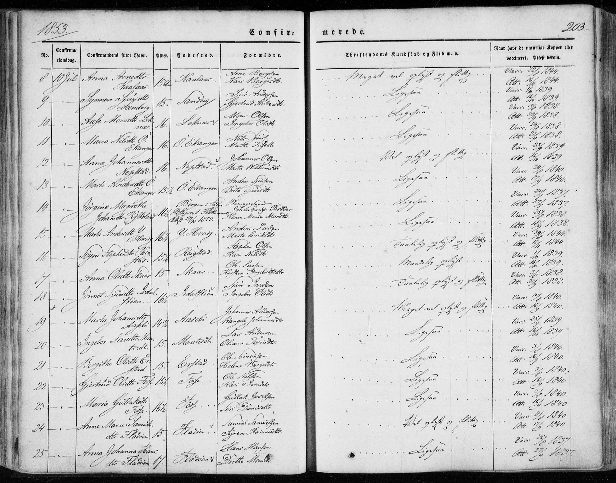 Hamre sokneprestembete, AV/SAB-A-75501/H/Ha/Haa/Haaa/L0013: Parish register (official) no. A 13, 1846-1857, p. 203